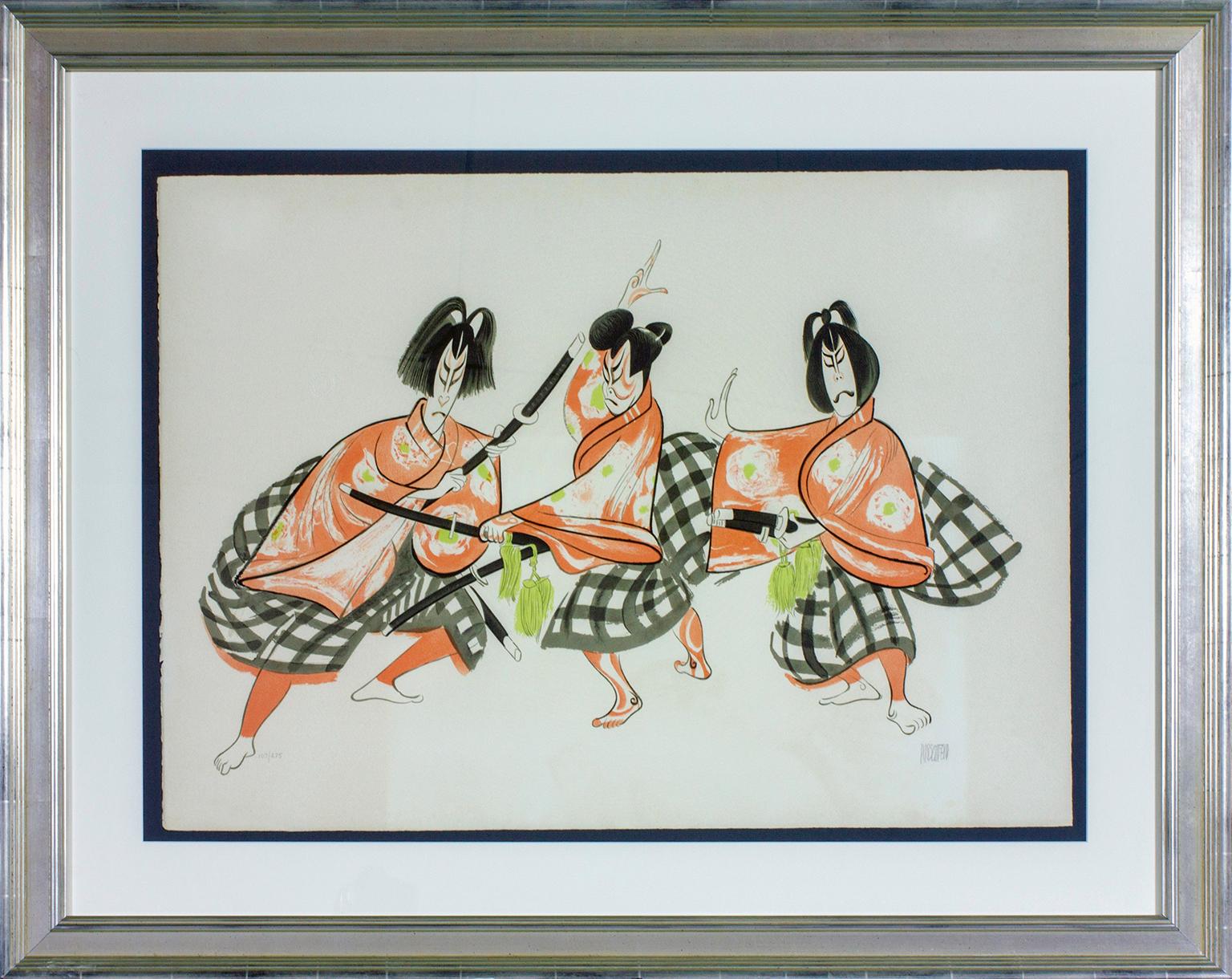 Albert Al Hirschfeld Figurative Print - "Sugawara" framed, hand-signed lithograph from "Kabuki Suite" by Al Hirschfeld