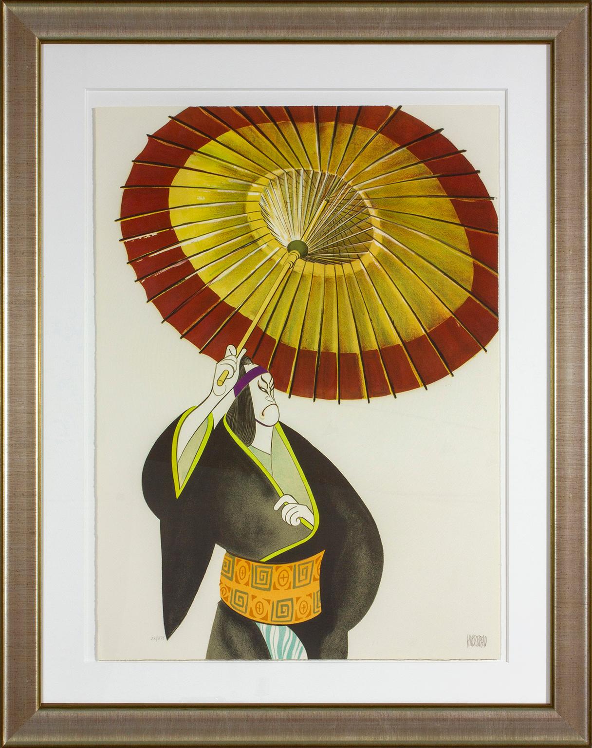 Albert Al Hirschfeld Figurative Print - "Sukeroku" framed, hand-signed lithograph from "Kabuki Suite" by Al Hirschfeld