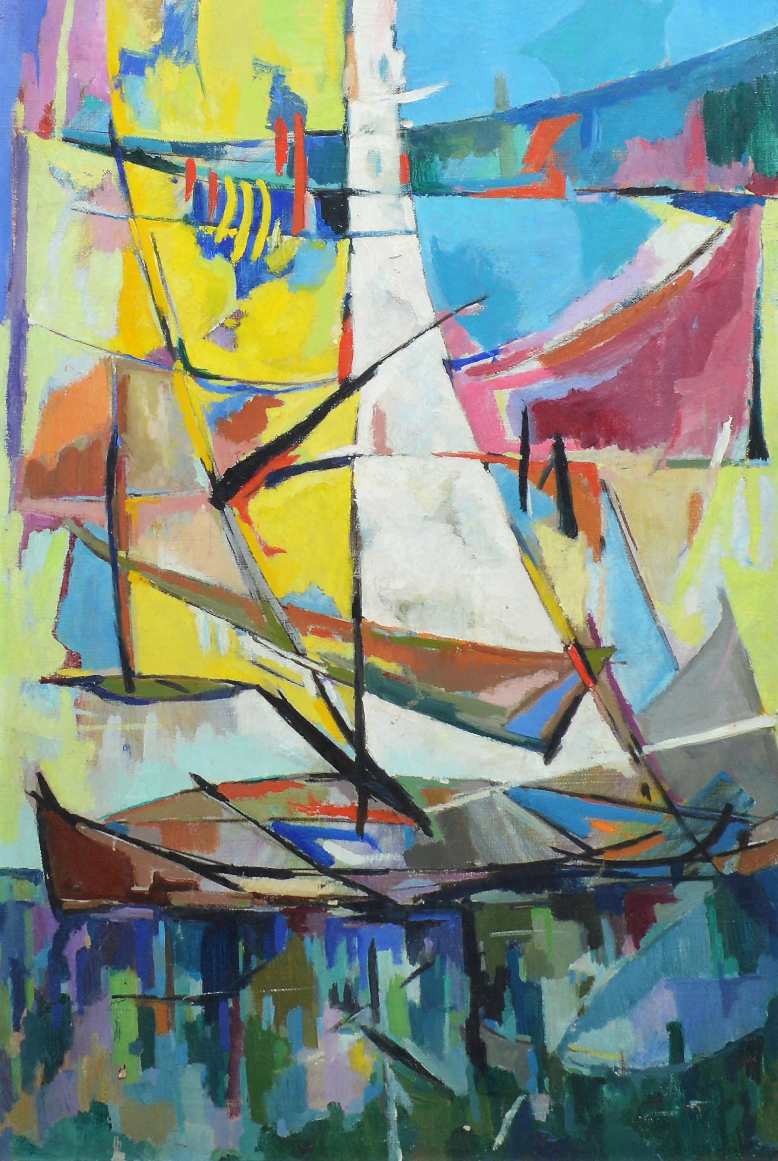 Vintage American modernist abstract painting of sailboats by Albert Alcalay  (1917 - 2008).  Oil on canvas, circa 1959.  Signed.  Displayed in a period modern frame.  Image, 16