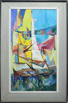 Vintage American Modernist Abstract Sailboat Seascape Painting by Albert Alcalay