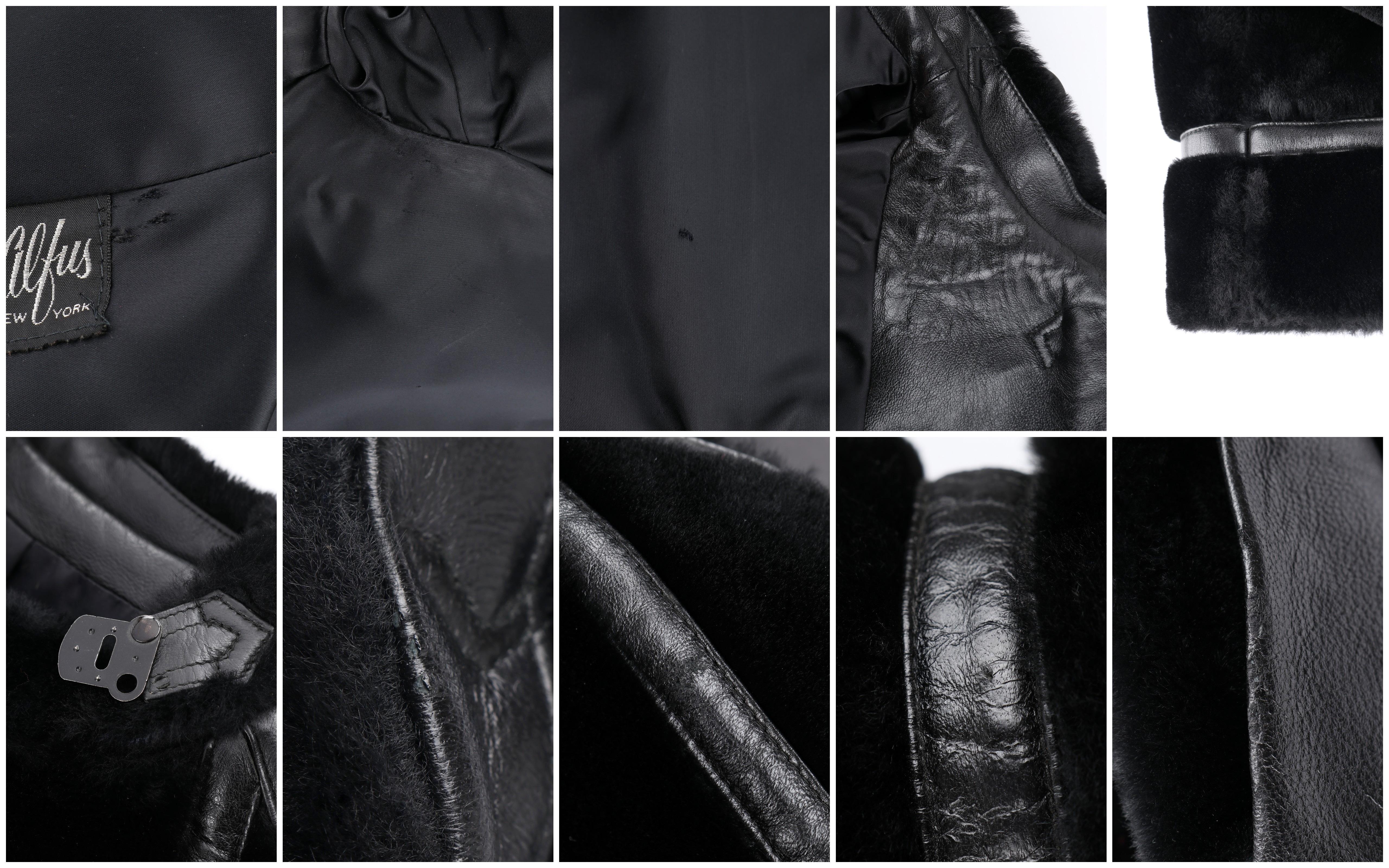 ALBERT ALFUS c.1960’s Black Shearling Fur Leather Trim Buckle Up Overcoat  6