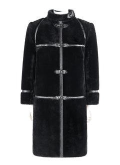 ALBERT ALFUS c.1960’s Black Shearling Fur Leather Trim Buckle Up Overcoat
