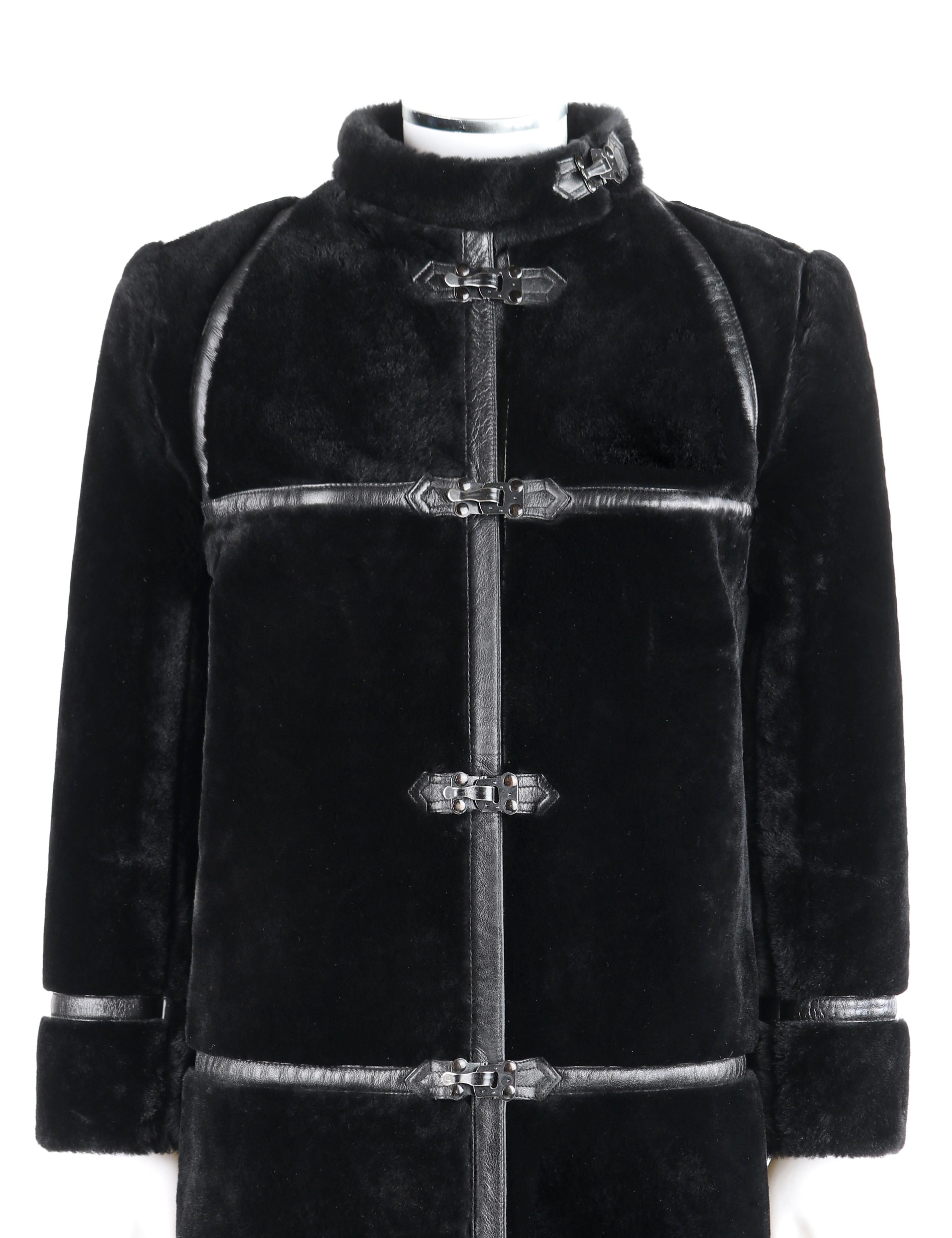ALBERT ALFUS c.1960’s Black Shearling Fur Leather Trim Buckle Up Overcoat  In Good Condition In Thiensville, WI
