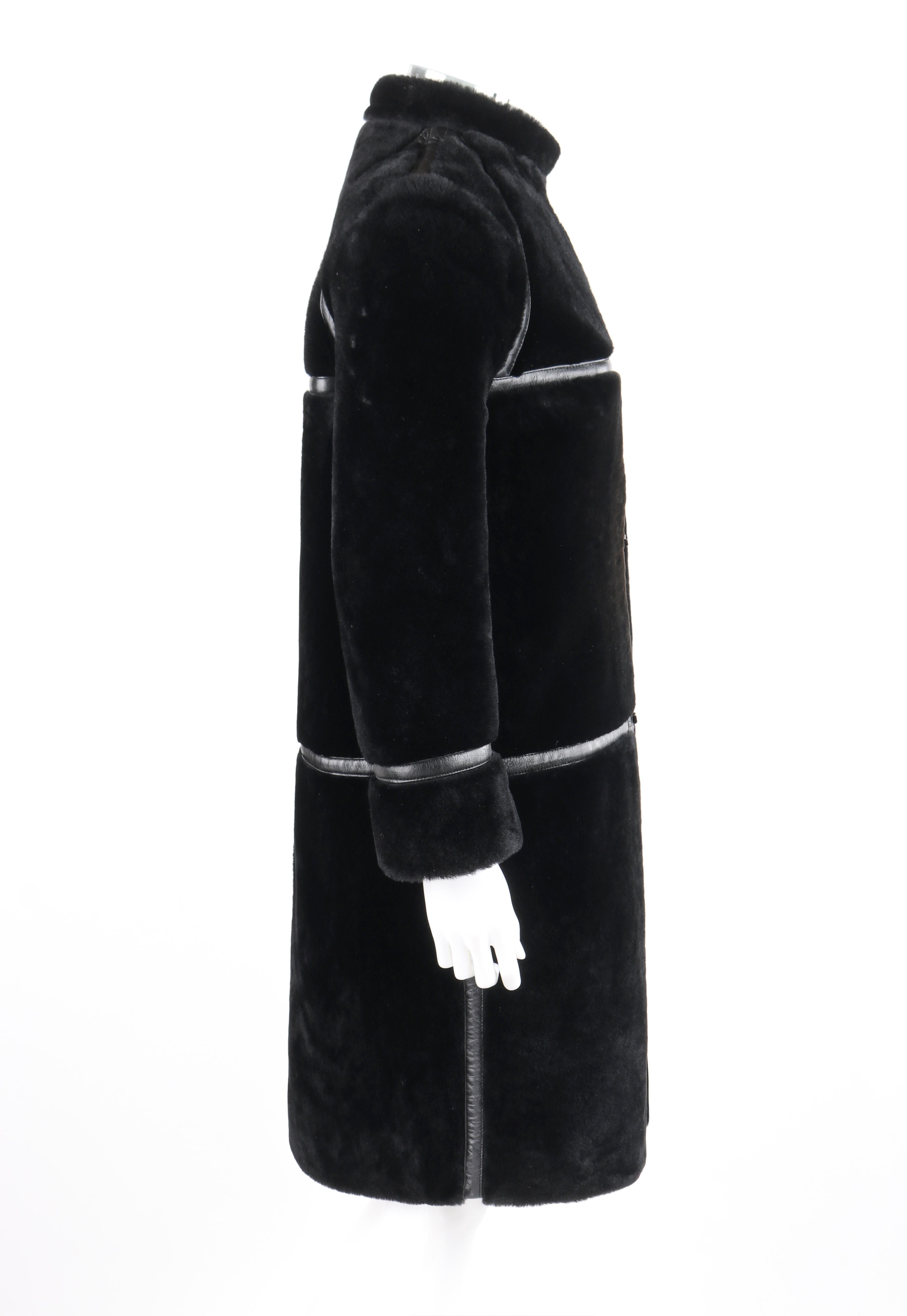 Women's ALBERT ALFUS c.1960’s Black Shearling Fur Leather Trim Buckle Up Overcoat 