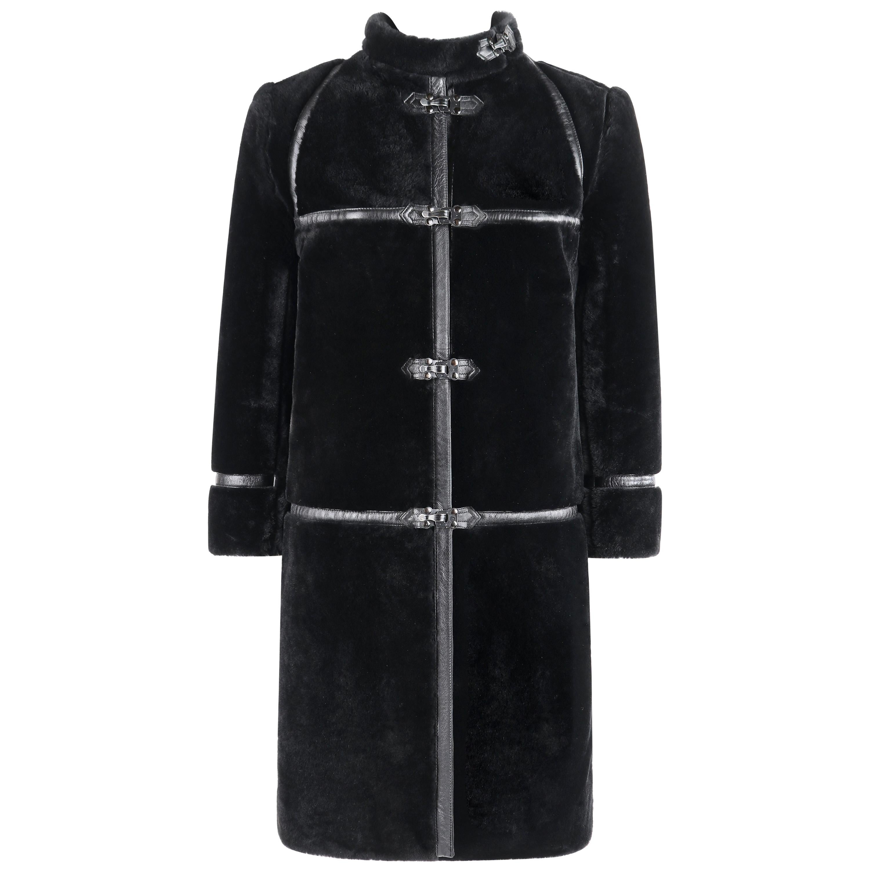 ALBERT ALFUS c.1960’s Black Shearling Fur Leather Trim Buckle Up Overcoat 