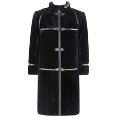 ALBERT ALFUS c.1960’s Black Shearling Fur Leather Trim Buckle Up Overcoat