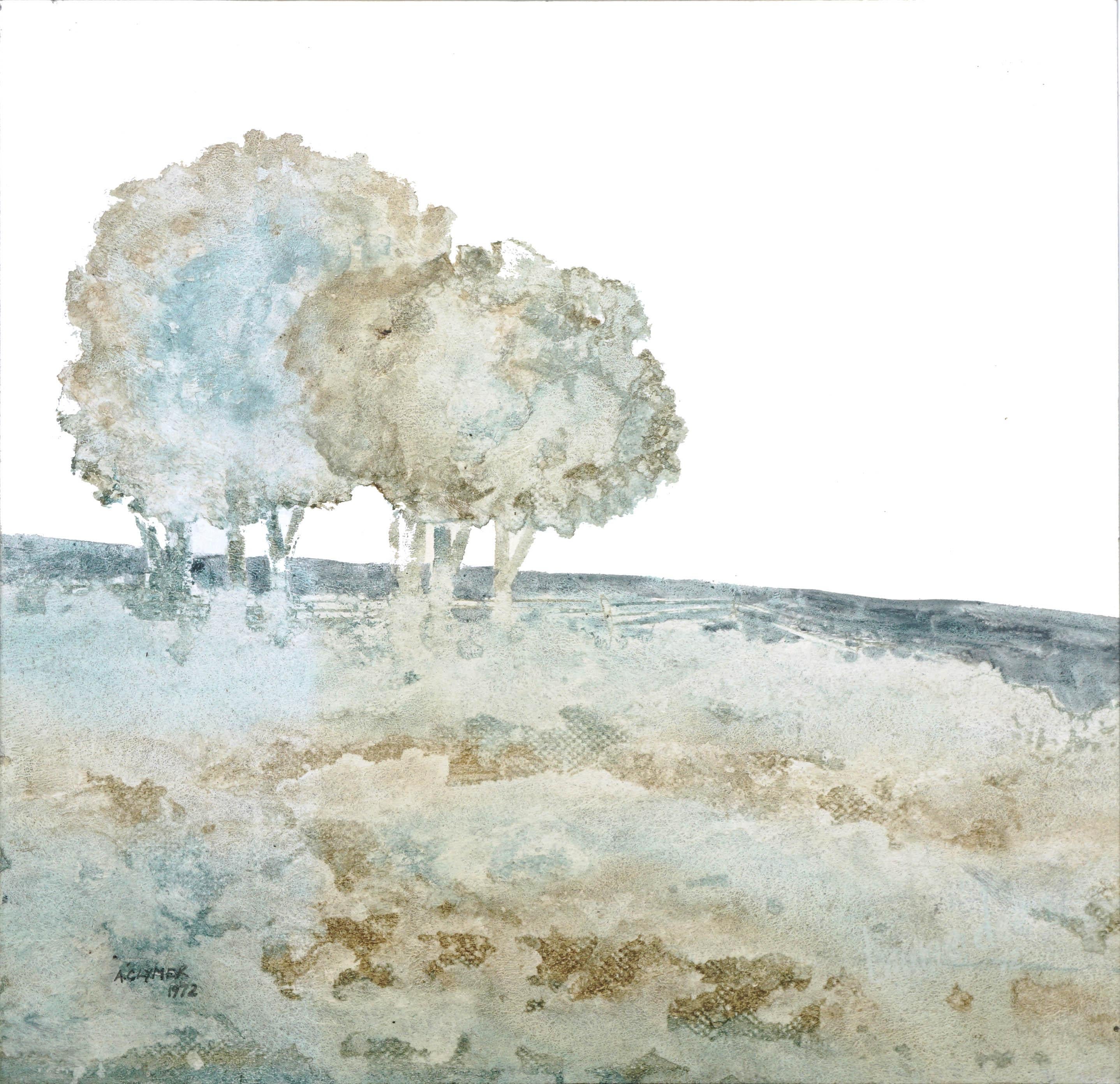 Modern Oak Trees in Field, Monochromatic Neutral Landscape  - Painting by Albert Anderson Clymer