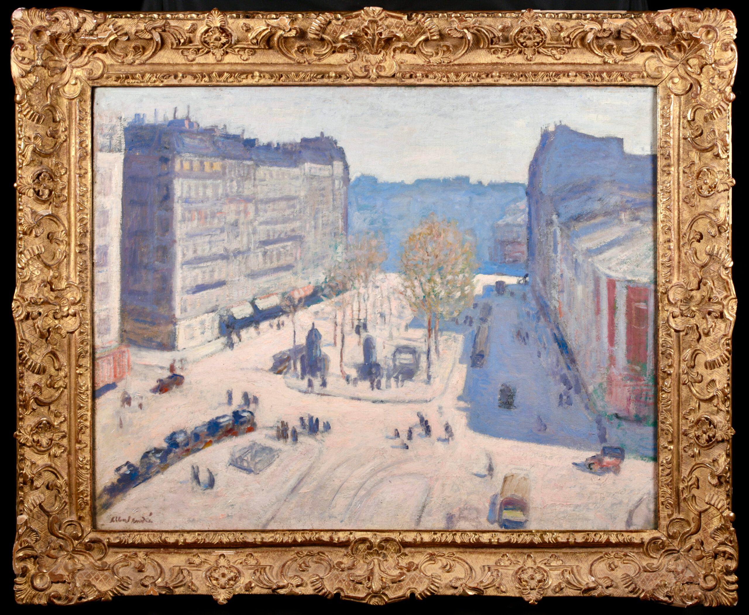 Signed and titled figures in cityscape oil on canvas circa 1920 by post impressionist painter Albert Andre. This stunning and good-sized work depicts a view of the Boulevard de Clichy, a famous street in the city of Paris, France on what appears to