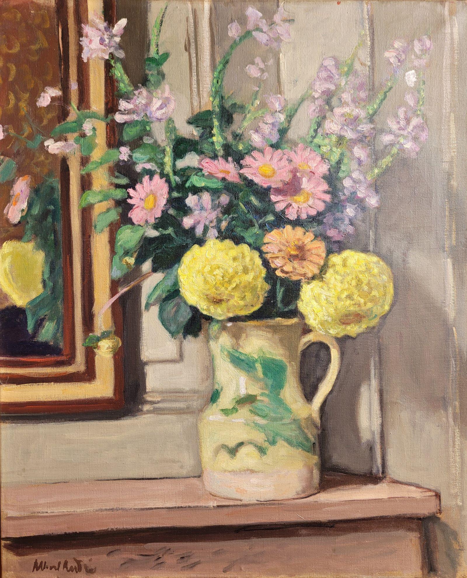 Dahlias jaunes et zinnias roses - Painting by Albert Andre