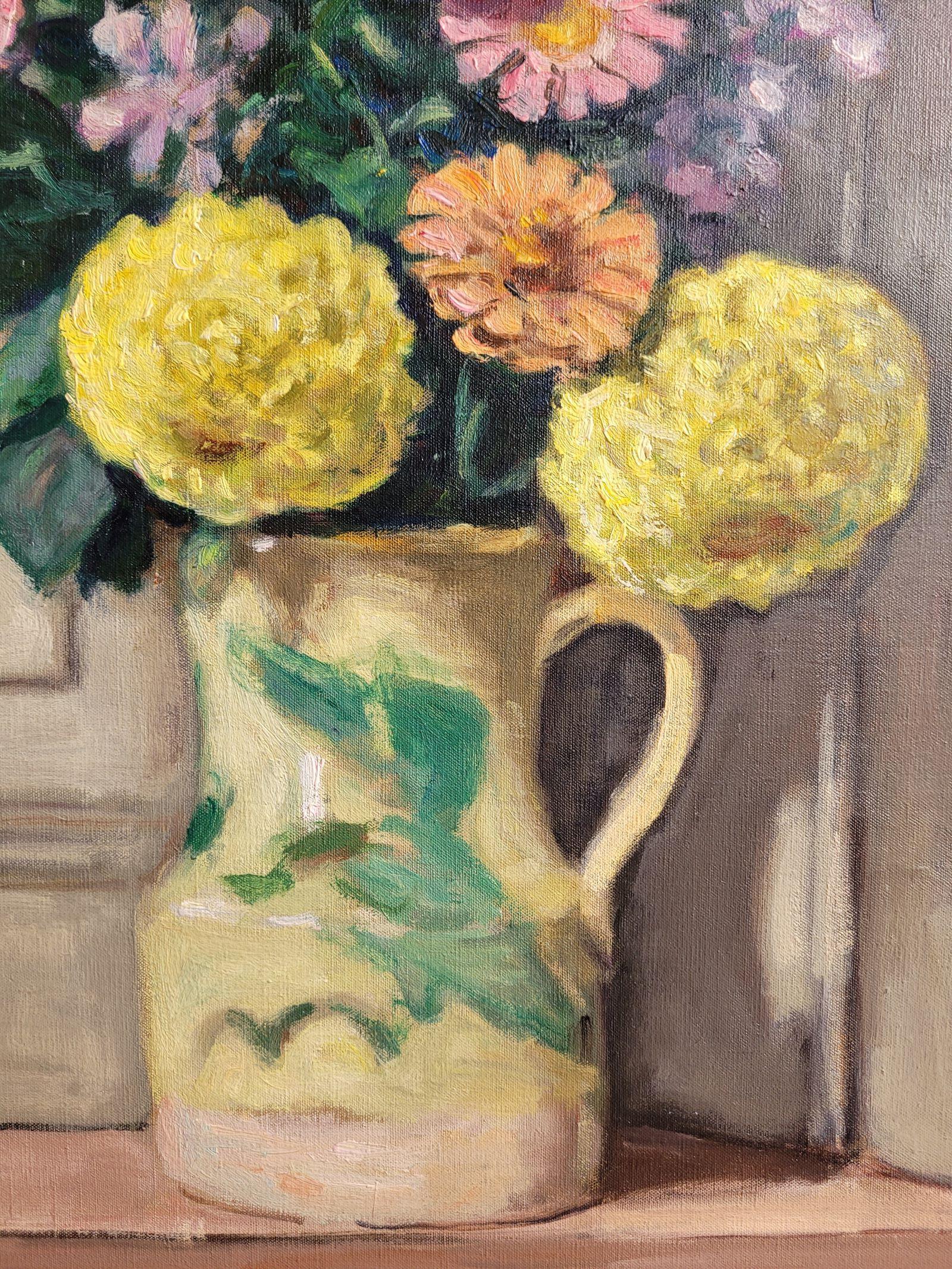 Dahlias jaunes et zinnias roses - Post-Impressionist Painting by Albert Andre