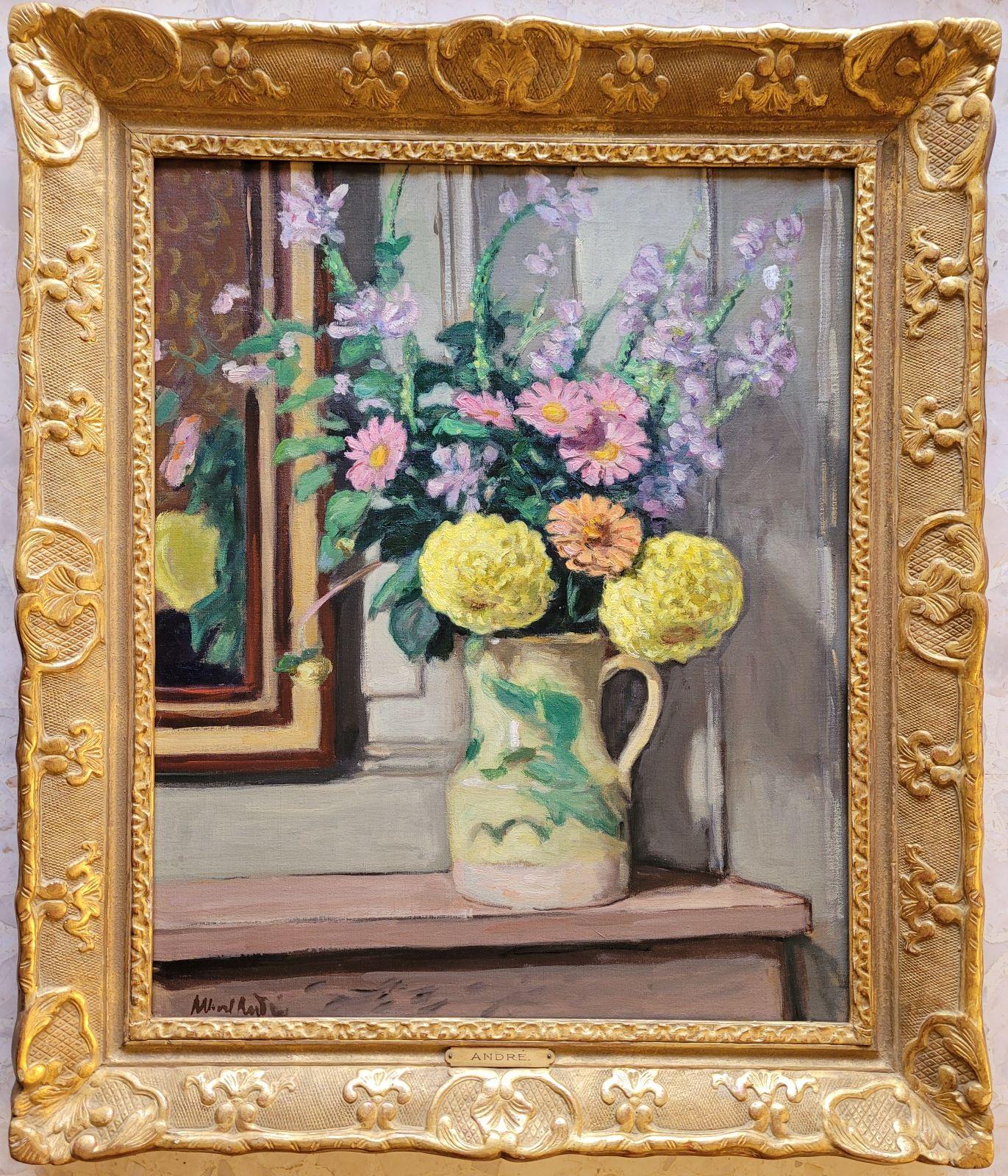 Albert Andre Still-Life Painting - Dahlias jaunes et zinnias roses