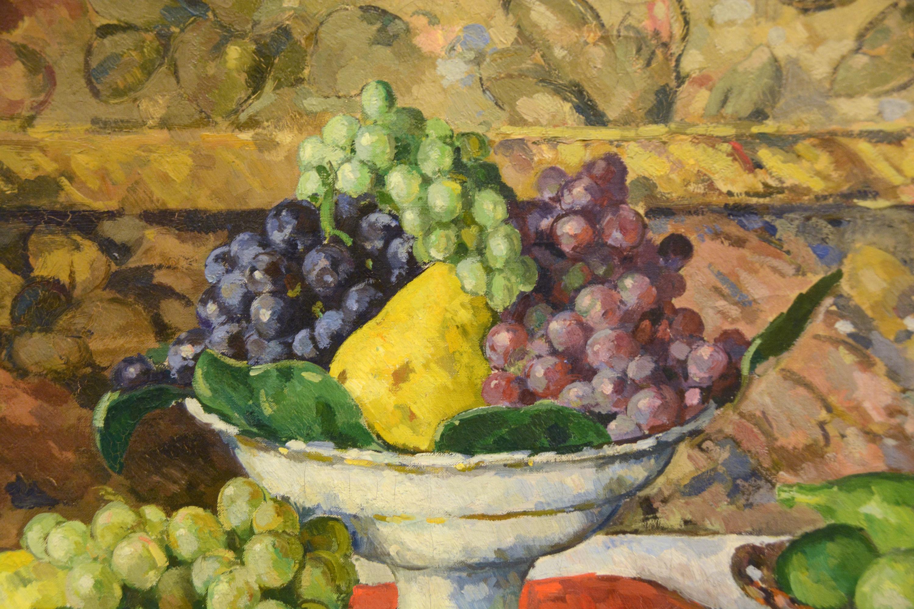 Fruits sur une table, compotier et plateau - Painting by Albert Andre