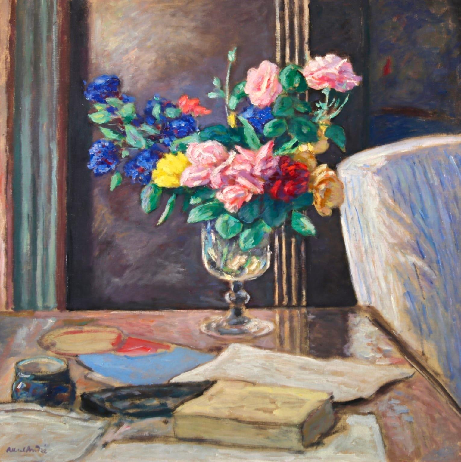 Roses dans un verre - Post Impressionist Still Life Oil Painting by Albert Andre For Sale 1