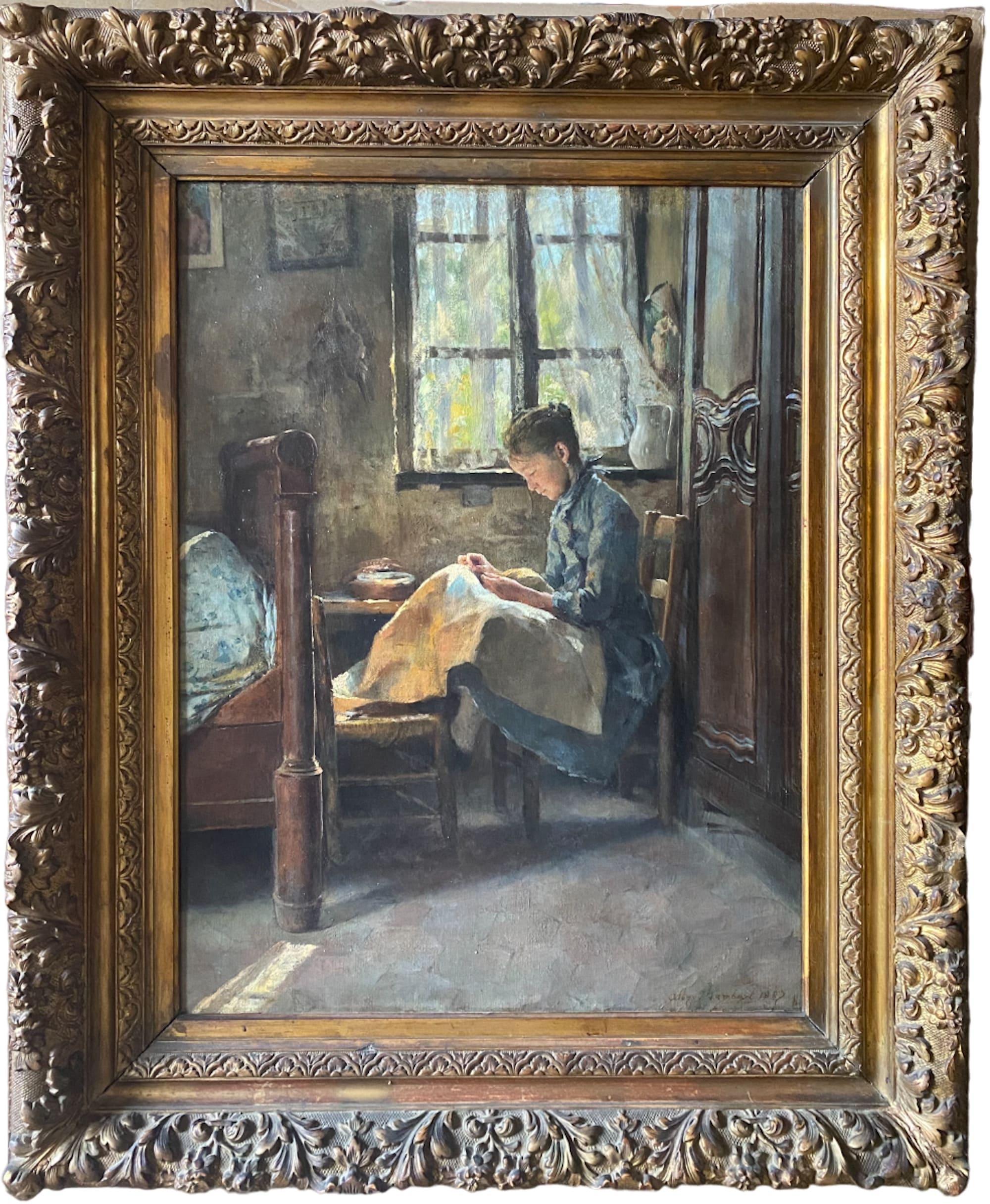 Albert-Antoine Lambert - Happy Domesticity, a Luminous Day: Impressionist  Interior Scene with Young Woman For Sale at 1stDibs