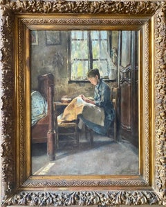 Antique Happy Domesticity, a Luminous Day: Impressionist Interior Scene with Young Woman