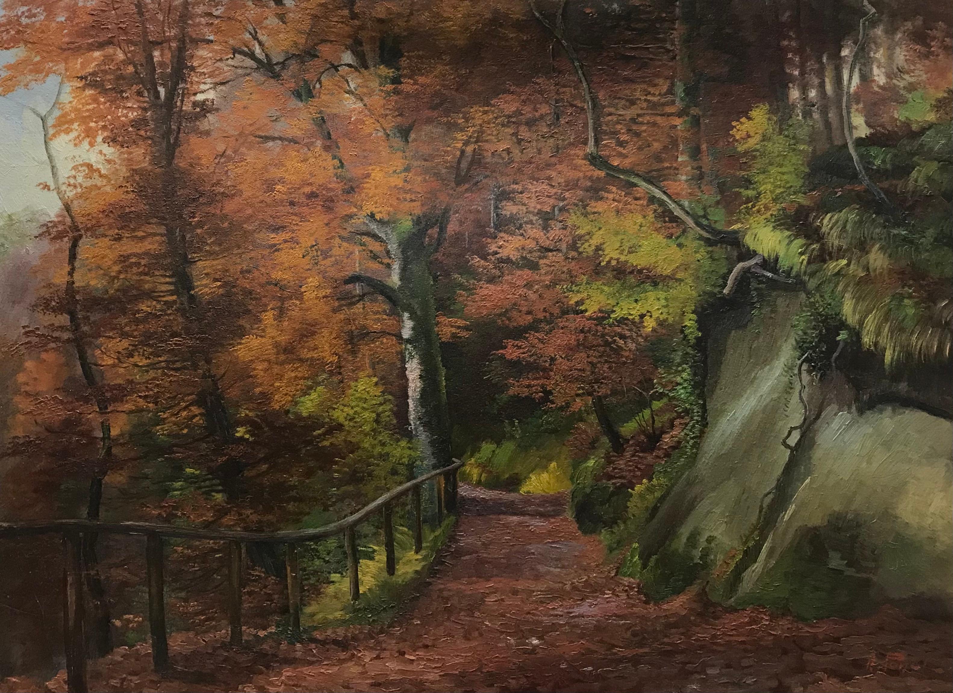Albert Antoine PONCI  Landscape Painting - "Road to Calvary, Lausanne" by Albert Antoine Ponci - Oil on cardboard 