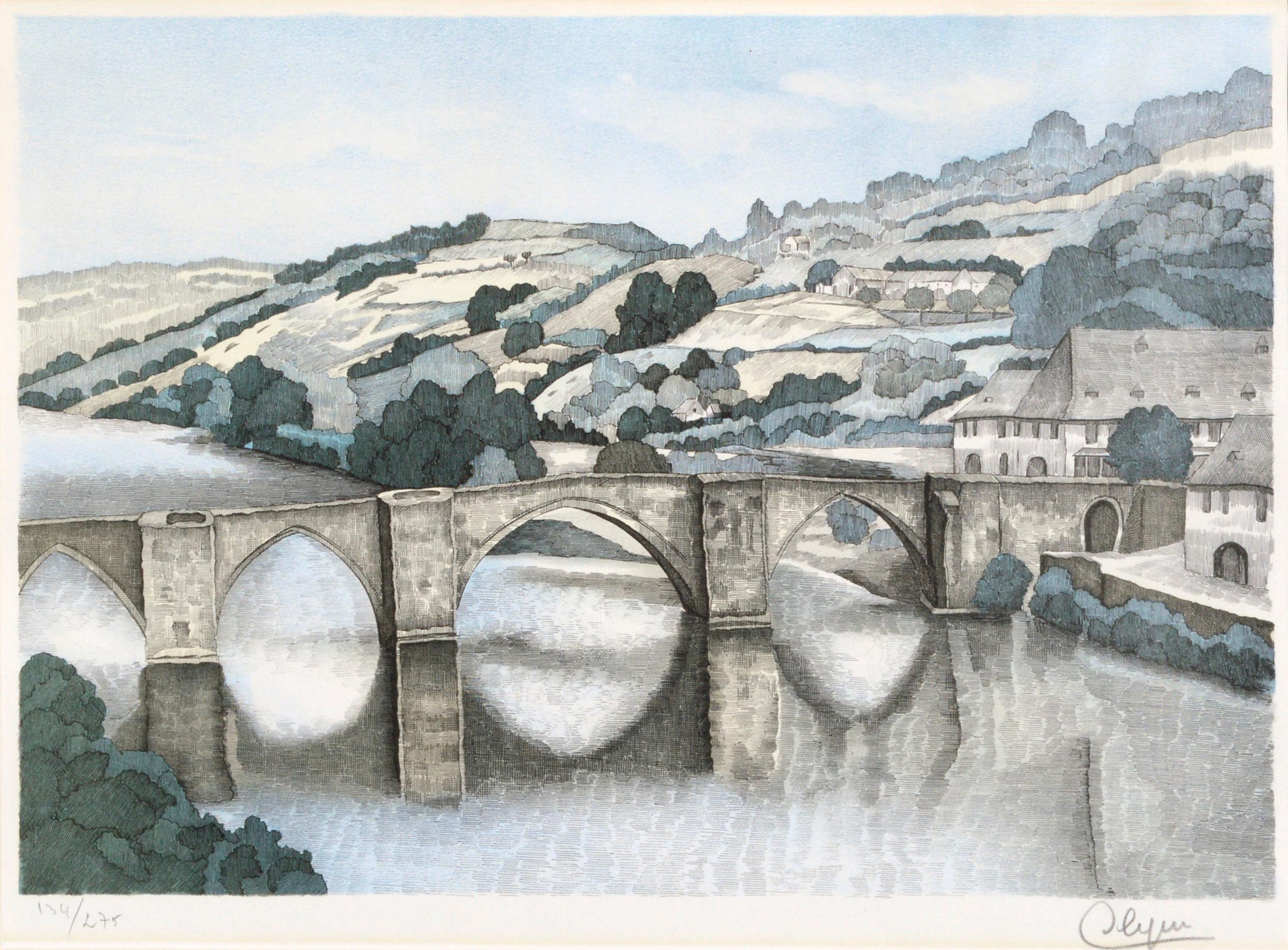 Stone Bridge Landscape, Mid Century Hand Colored Lithograph - Print by Albert Aristide Seguin