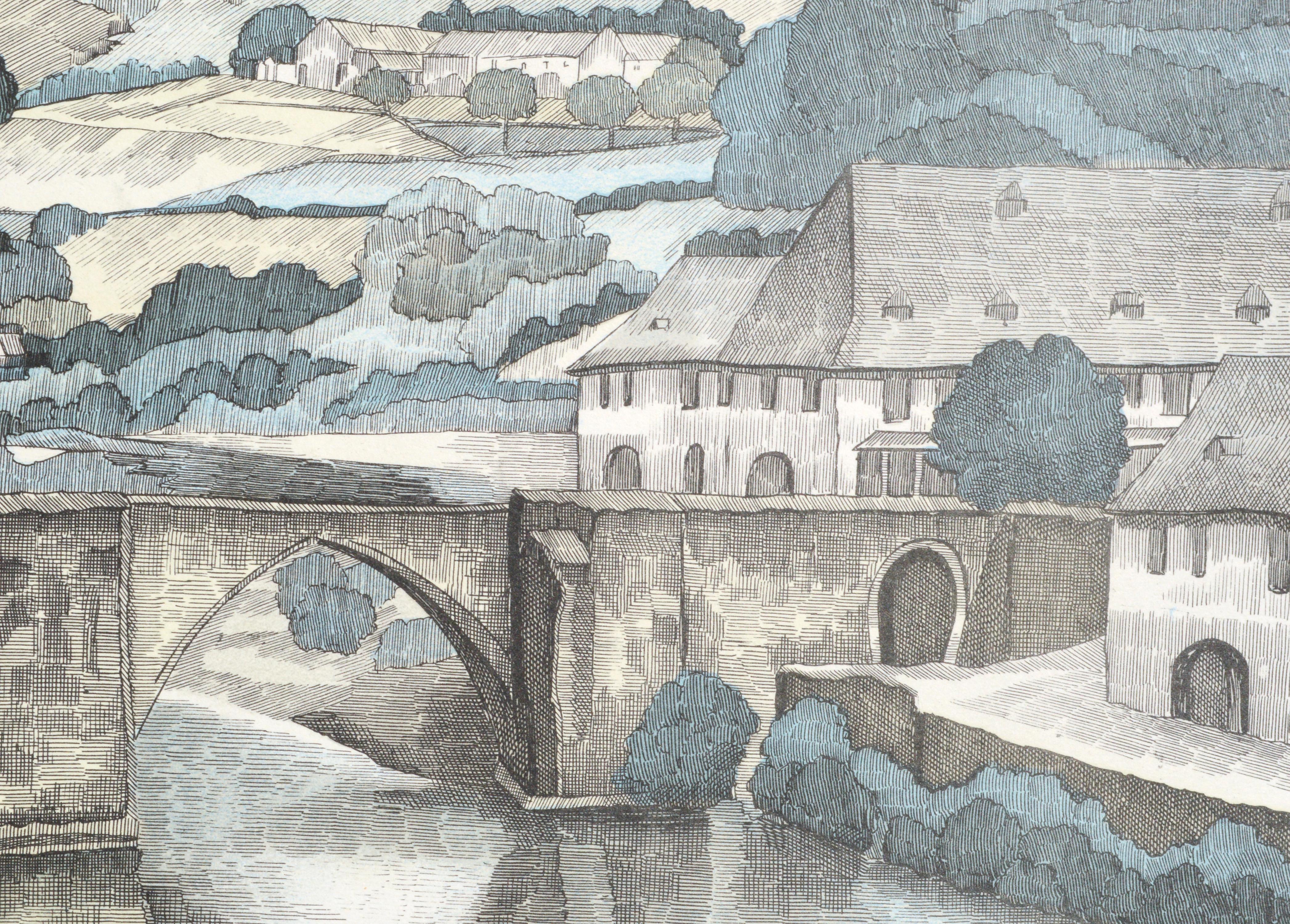 Stone Bridge Landscape, Mid Century Hand Colored Lithograph - Beige Landscape Print by Albert Aristide Seguin