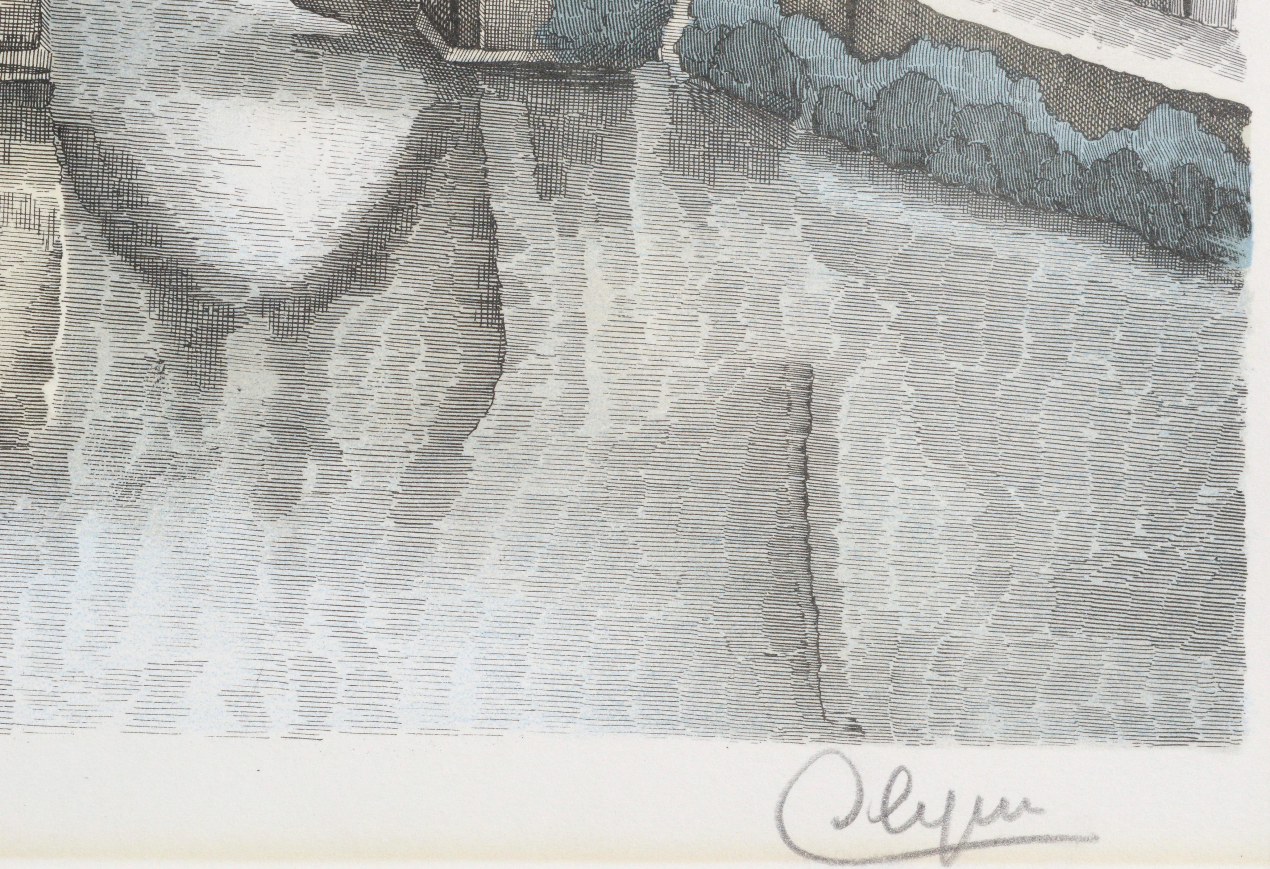 Detailed hand colored landscape lithograph of a stone bridge in the countryside by French artist Albert Aristide Seguin. 

Signed illegibly in the lower right corner, matches other examples of the artists signature. 
Numbered 
