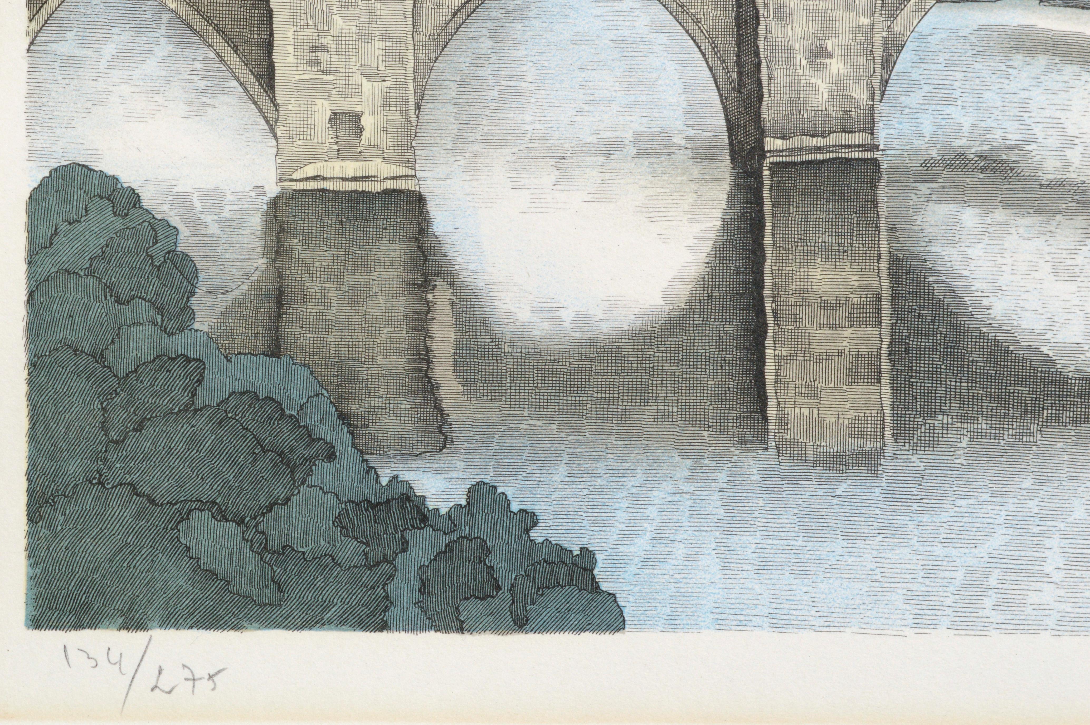 Stone Bridge Landscape, Mid Century Hand Colored Lithograph For Sale 1