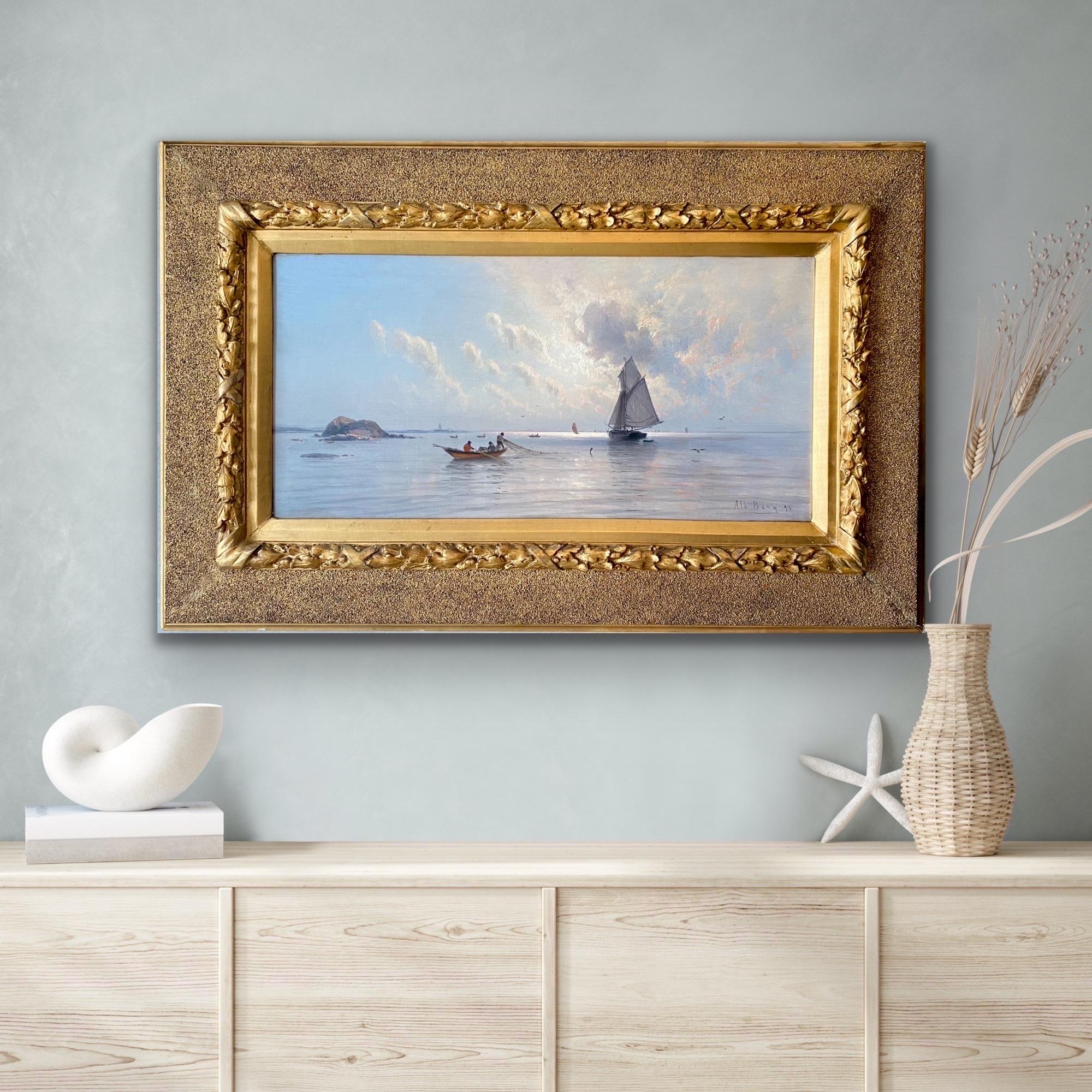 19th century Impressionist painting Fishermen at sea - boat seascape marine 4