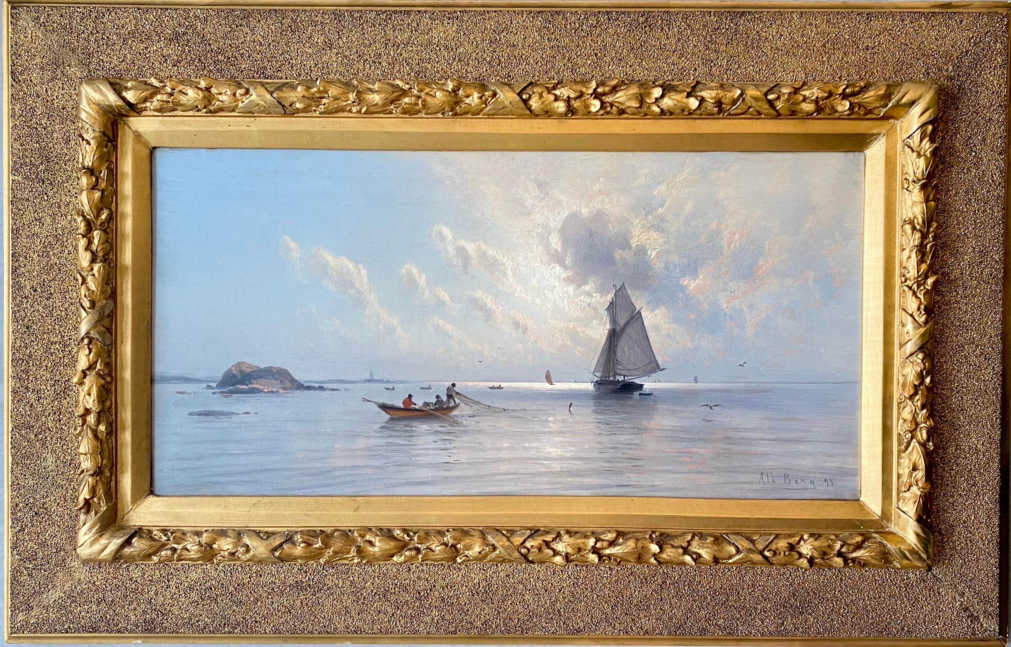 Albert Berg Figurative Painting - 19th century Impressionist painting Fishermen at sea - boat seascape marine