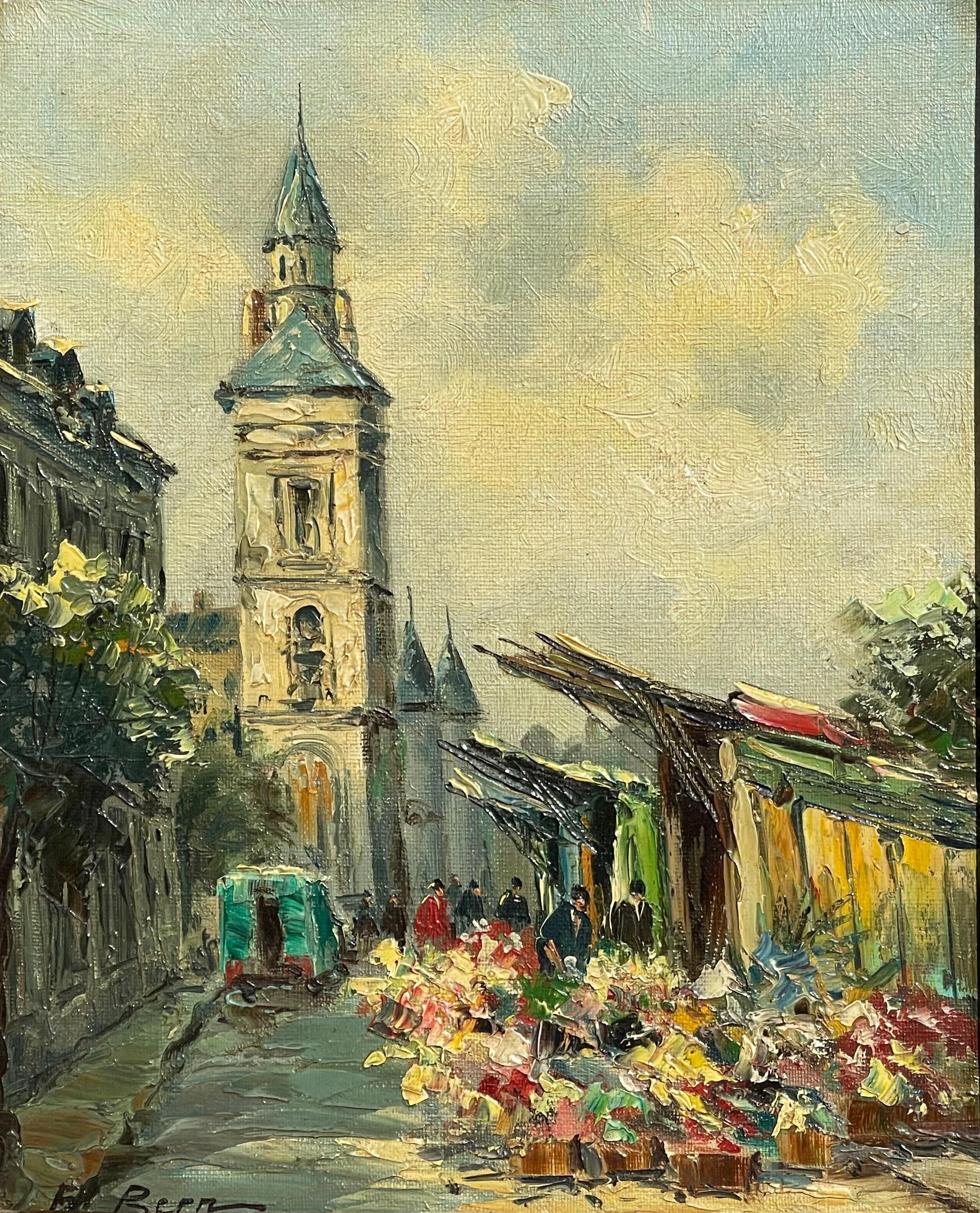 Peinture, huile sur toile, représentant au premier plan, un marché aux fleurs très animé et à l'arrière-plan, on voit la Tour de l'Horloge de la Conciergerie à Paris. Très beau travail avec des couleurs vives. Signé en bas à gauche 