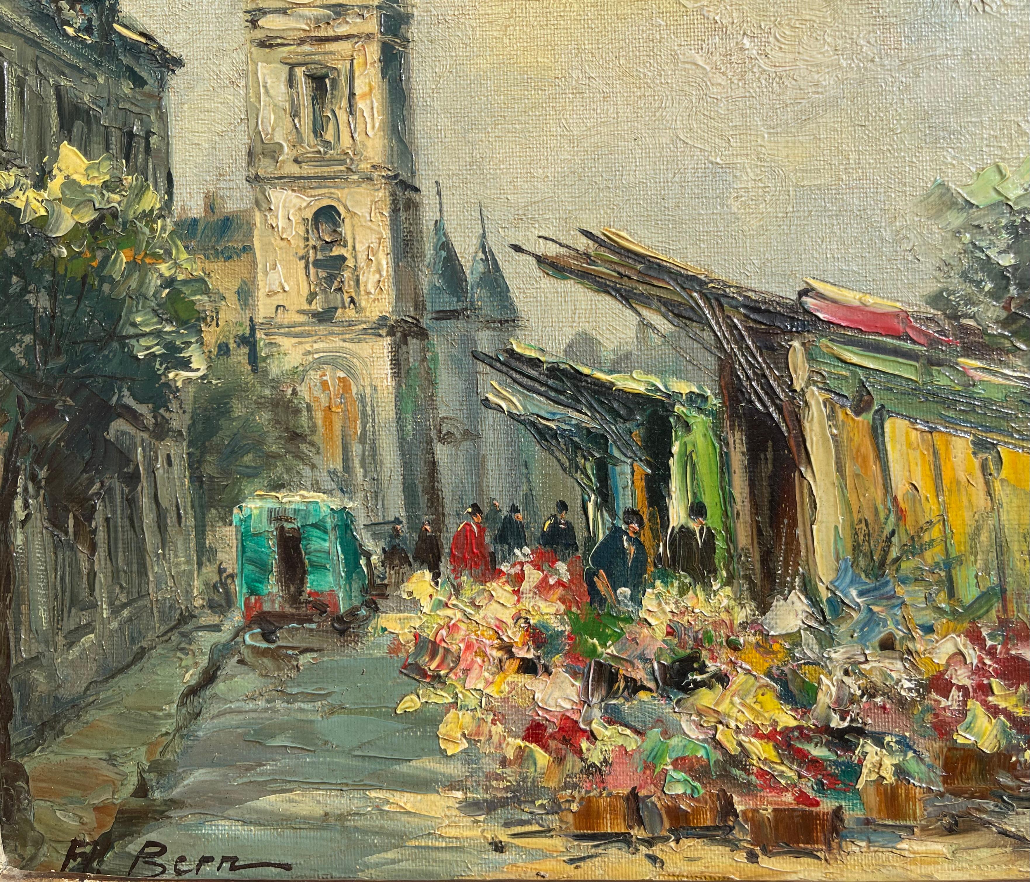 XIXe siècle Albert BERNE - Marché aux fleurs au pied de la Conciergerie à Paris en vente
