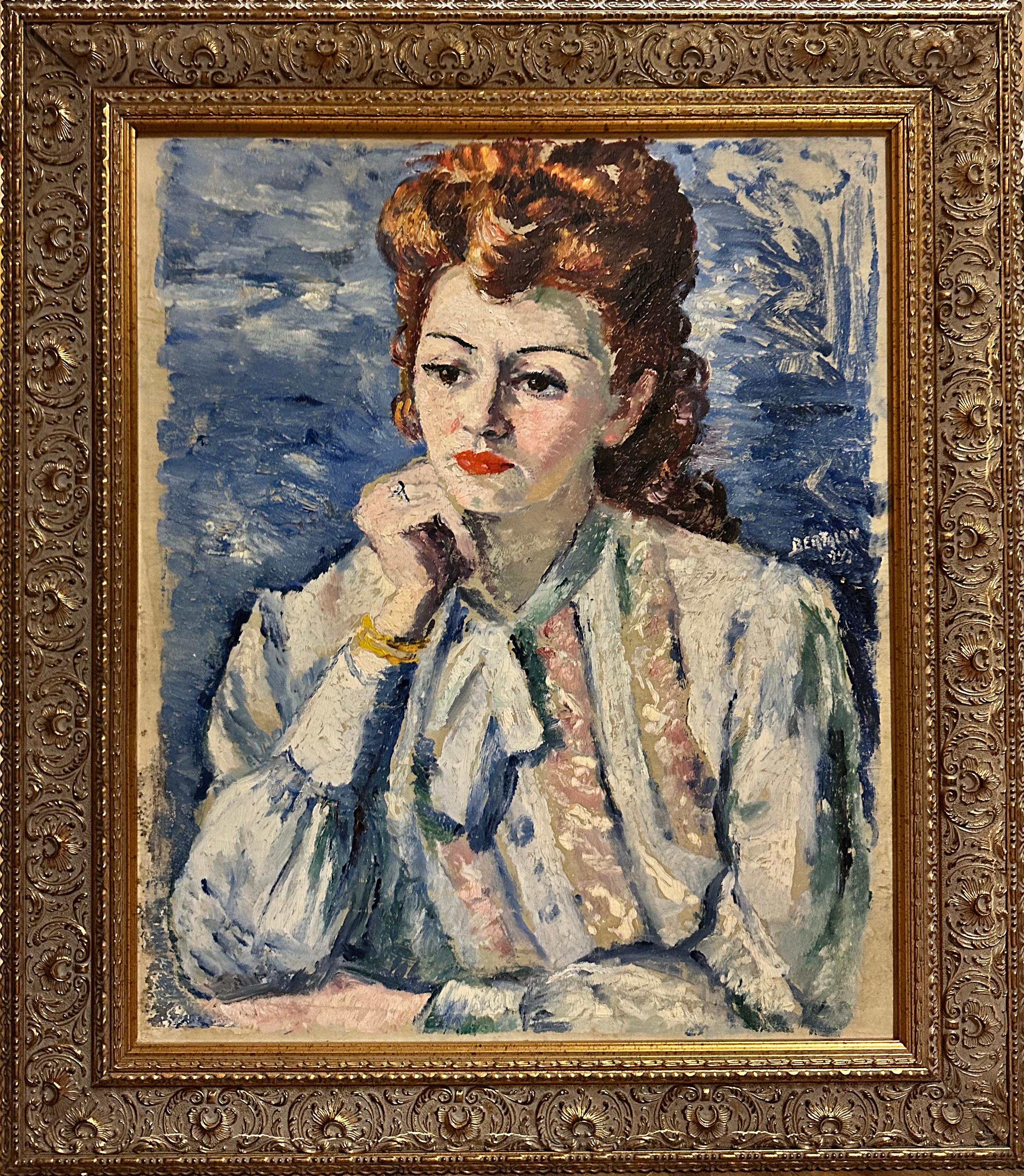 „Femme Rousse Sur Fond Bleu“, Albert Bertalan, Original, Öl, Blau, figurativ im Angebot 1