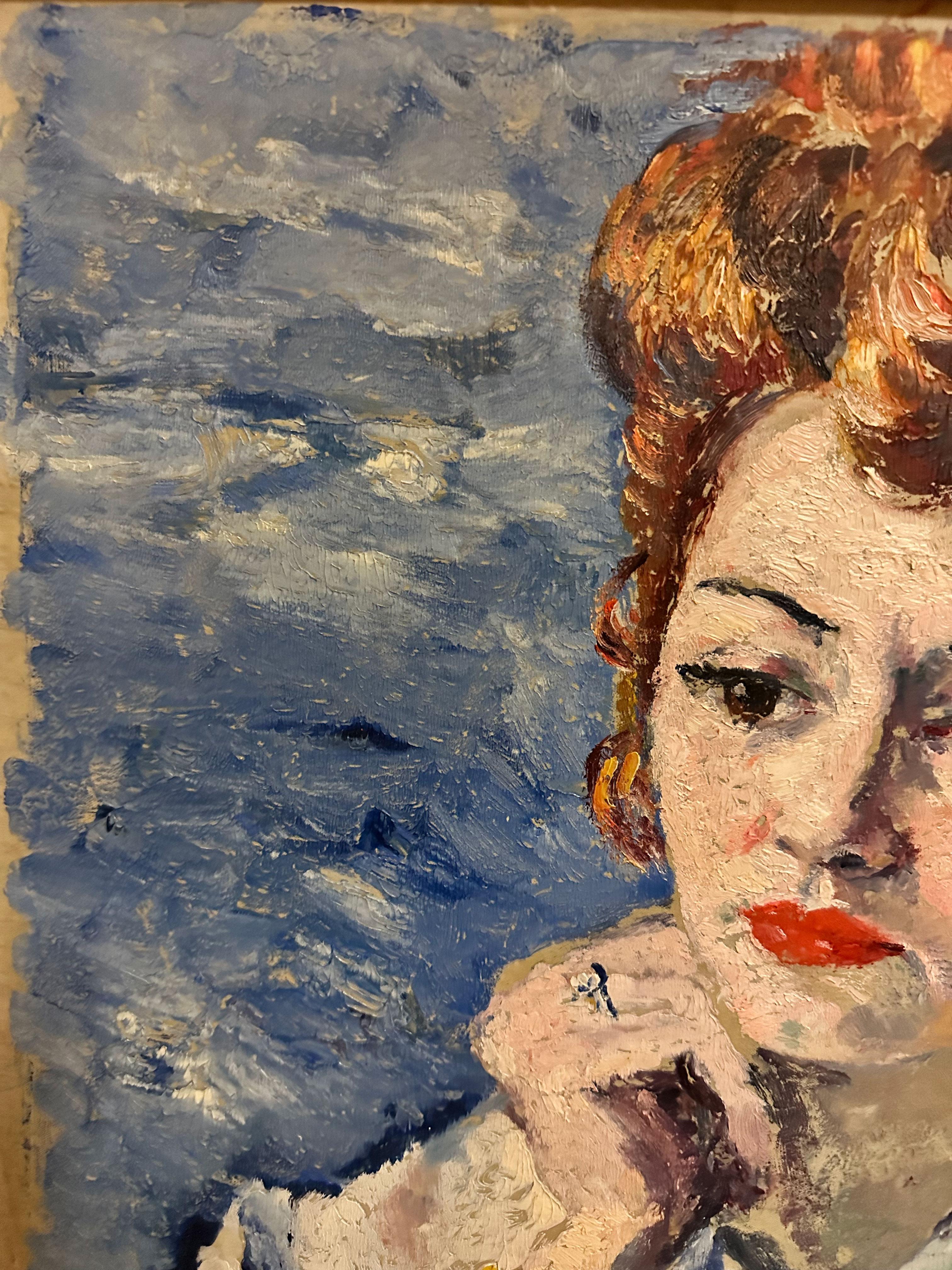 « Femme Rousse Sur Fond Bleu », Albert Bertalan, huile originale, bleue, figurative en vente 2