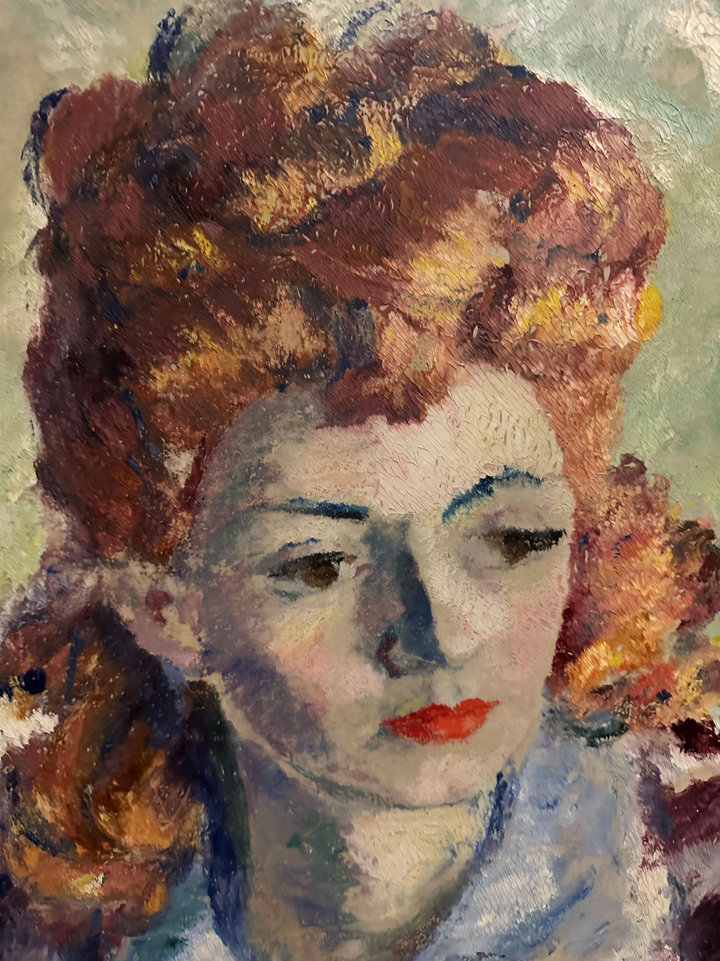 « Femme Rousse Sur Fond Vert », Albert Bertalan, huile originale, vert, figuratif en vente 1