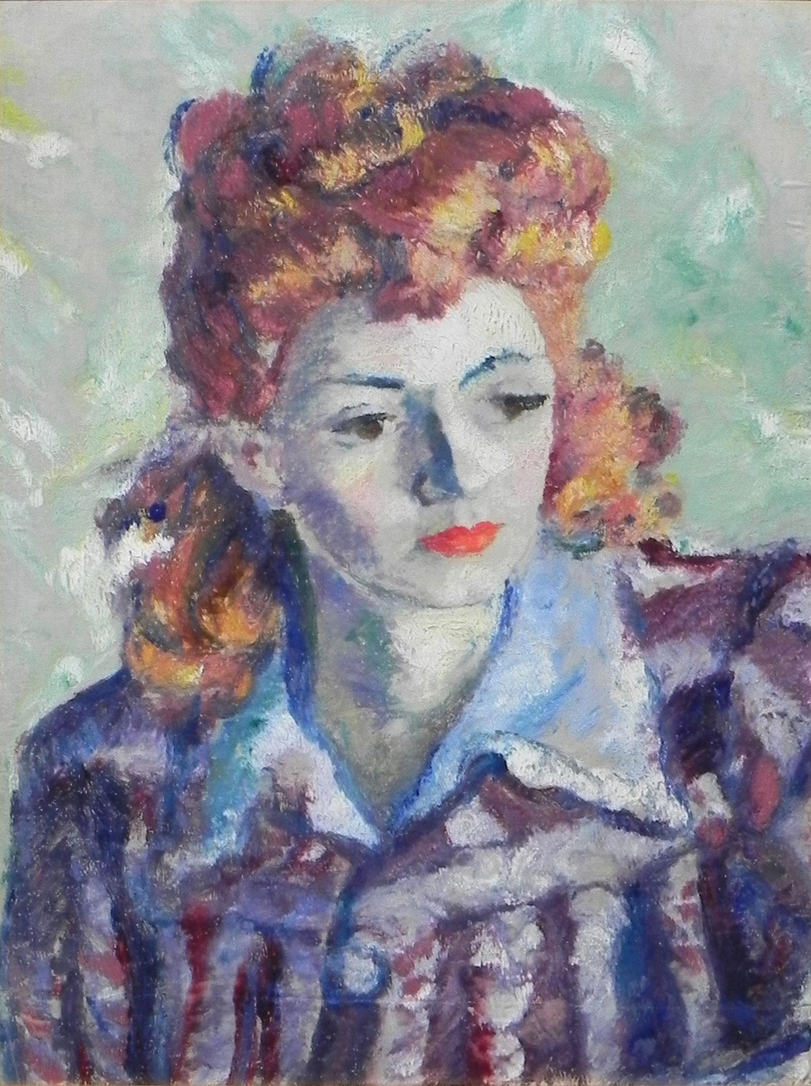 "Femme Rousse Sur Fond Vert" ist ein original Öl auf Leinwand impressionistisches Porträt einer Frau von Albert Bertalan. Eine rothaarige Dame in einem lila-weiß gestreiften Kragenmantel sitzt vor einem grünen Hintergrund und träumt von etwas