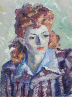 „Femme Rousse Sur Fond Vert“, Albert Bertalan, Originales Ölgemälde, Grün, figurativ