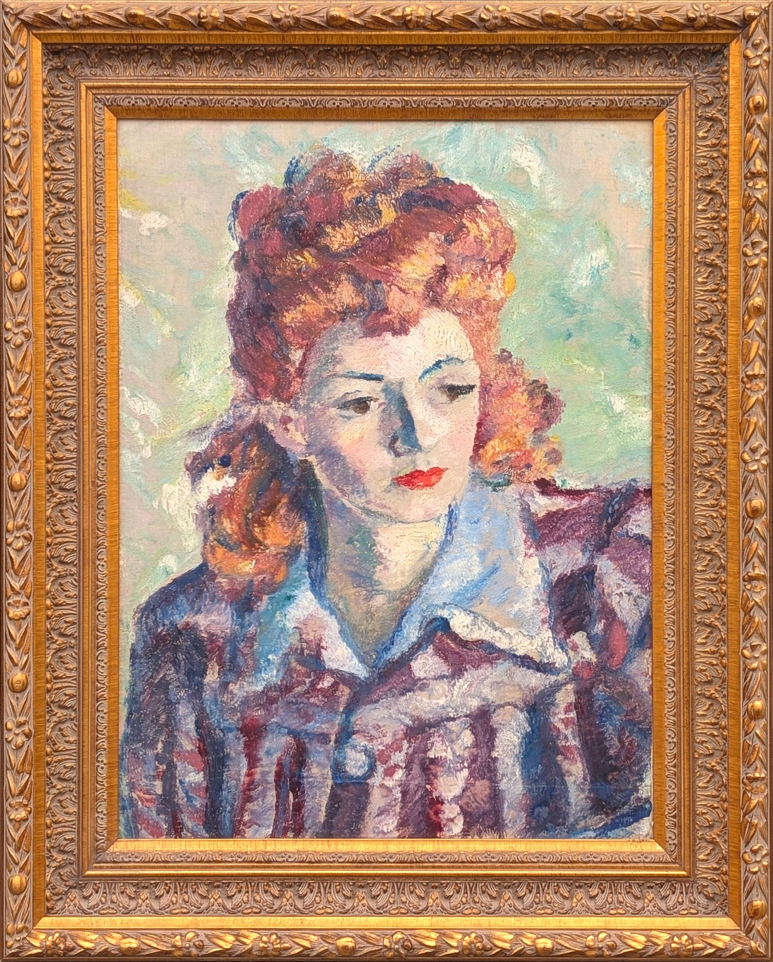 "Femme Rousse Sur Fond Vert" Early Impressionist Portrait of a Red Haired Woman