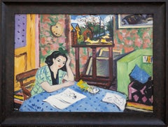 „Jeune Fille Pensive (Pensive Girl)“ farbenfrohes Interieurporträt einer Frau