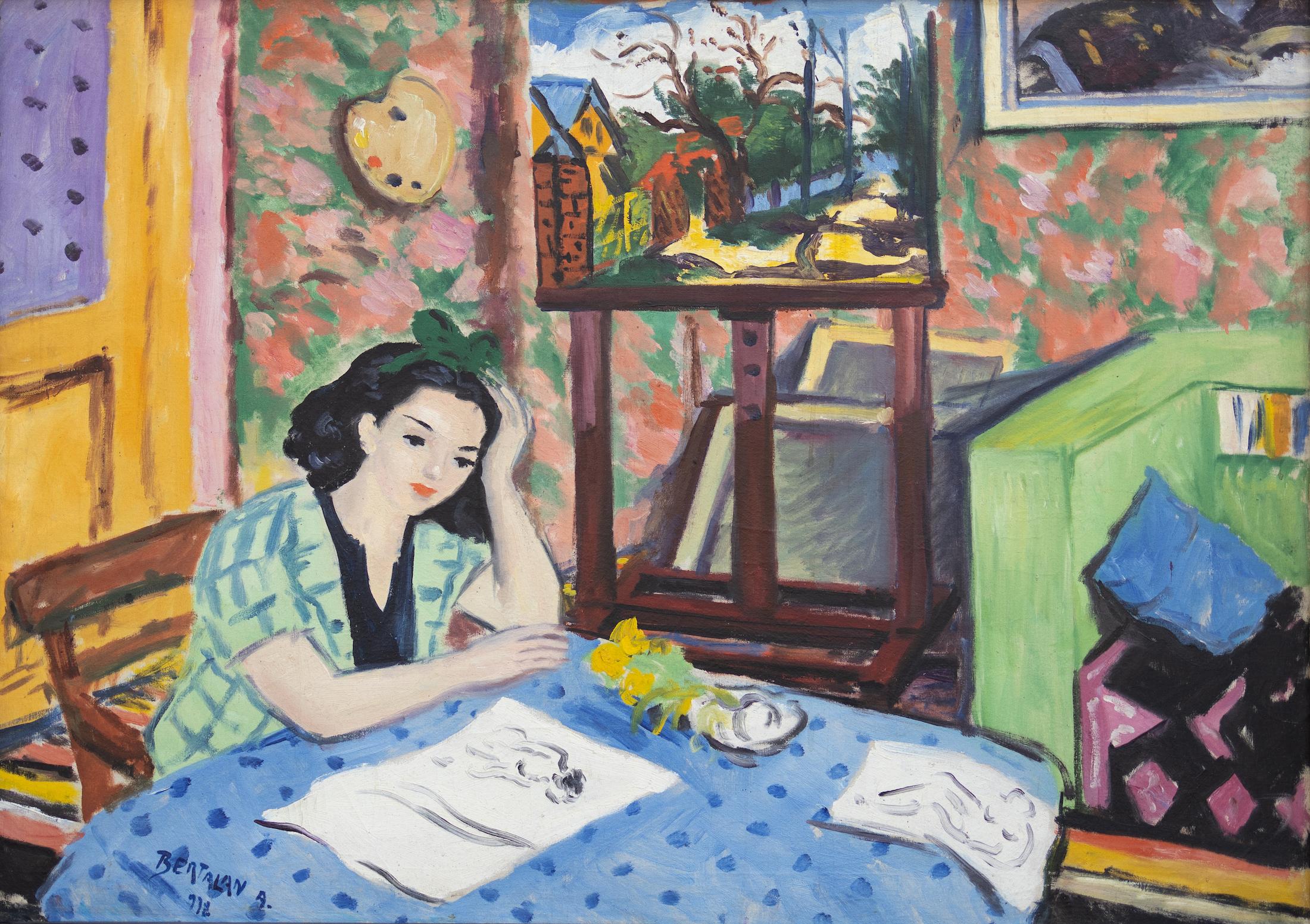 Albert Bertalan Figurative Painting - "Jeune Fille Pensive (Pensive Girl)" colorful interior portrait of a woman