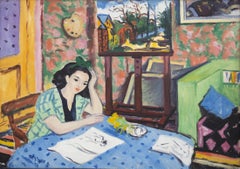 „Jeune Fille Pensive (Pensive Girl)“ farbenfrohes Interieurporträt einer Frau