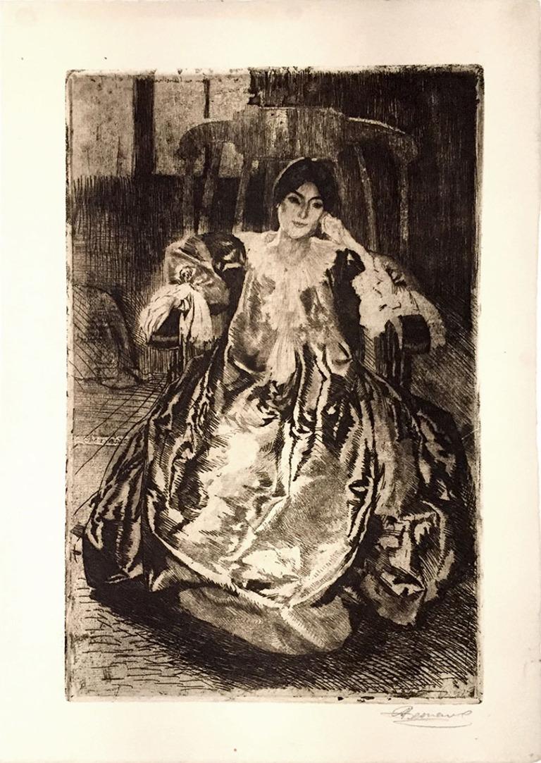 Bellissima stampa in bistro nero su bordura, in ottime condizioni, firmata dall'artista a matita.
Tre piccolissime tracce di colla sul margine del foglio sul verso. Margini completi.
Rif. Cat.Godefroy 66.


Paul Albert Besnard (Parigi 1849 - 1934),