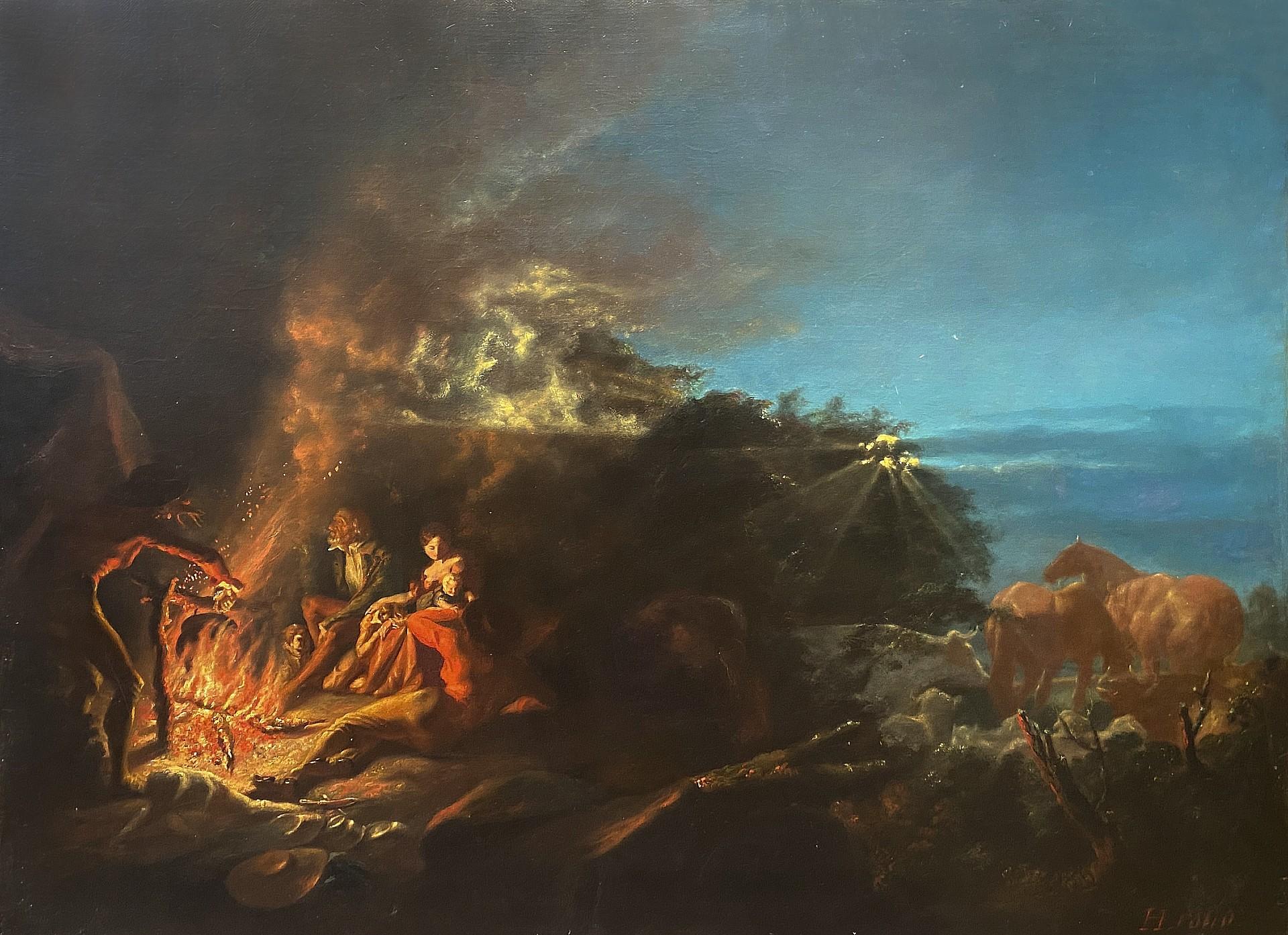 Around the Camp Fire, peinture à l'huile du 19e siècle, datée de 1840