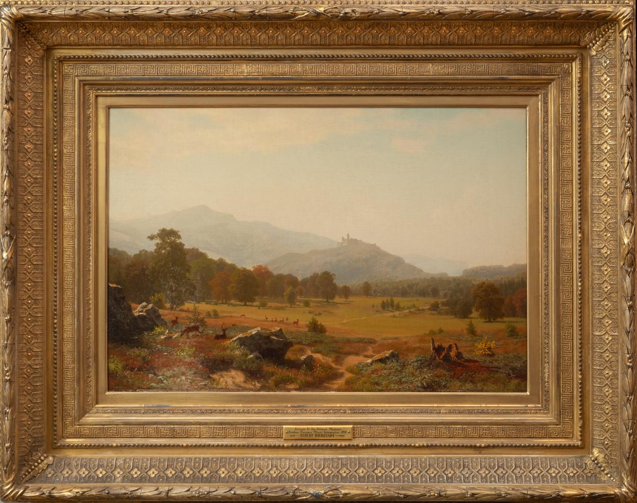 In his oil painting,  “Autumn in the Conway Meadows Looking Toward Mount Washington, 1858,” Albert Bierstadt paints a grassy plain transitioning to forest, dotted with deer, while forested peaks rise in the background, one of which is topped by a