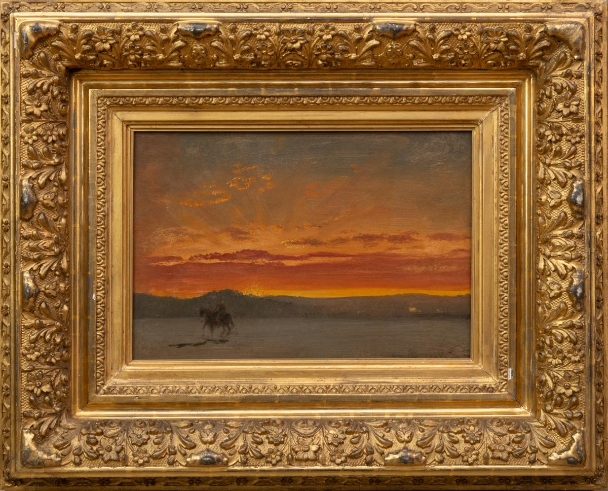Indiano a cavallo al tramonto - Painting di Albert Bierstadt