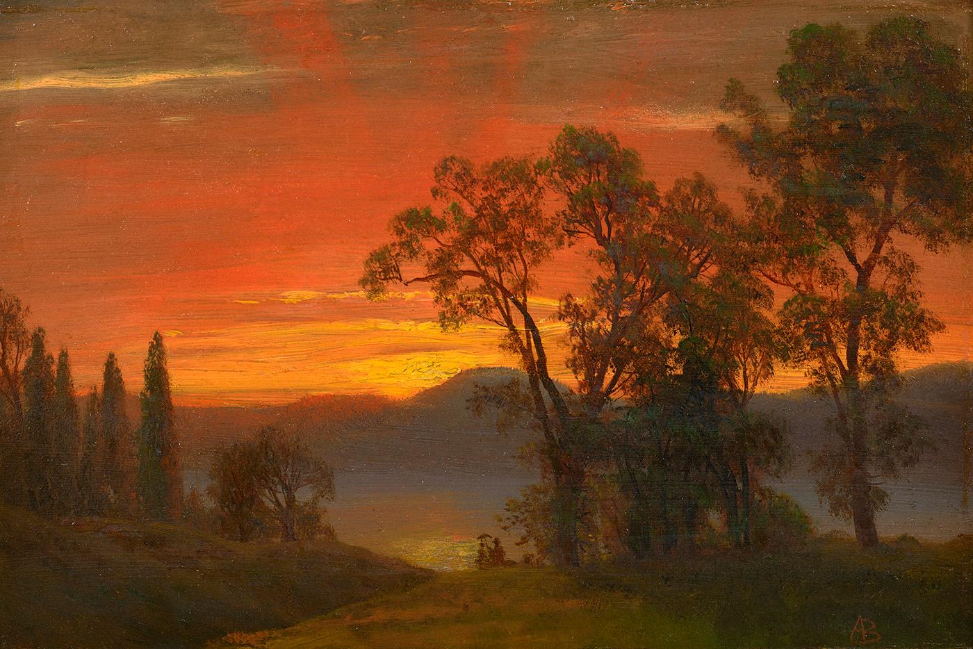 Albert Bierstadt Landscape Painting – Sonnenuntergang über dem Fluss