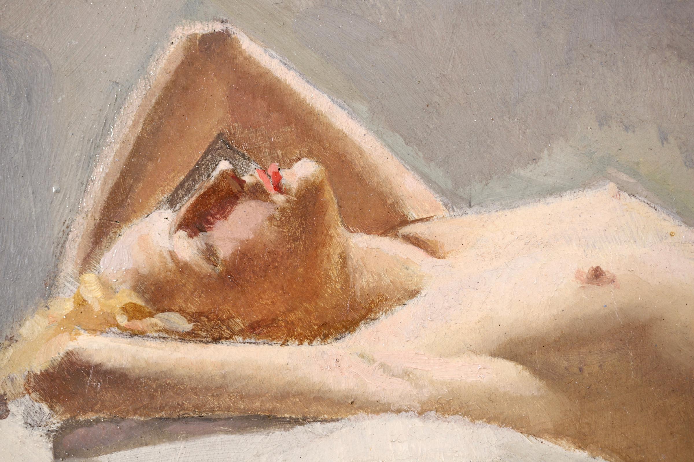 A wonderful oil on canvas circa 1930 by Tunisian post impressionist painter Albert Braitou-Sala. The work depicts a beautiful, blonde nude laid back on a white sheet surrounded by clouds in a blue-grey sky. A stunning piece.

Signature:
Signed lower