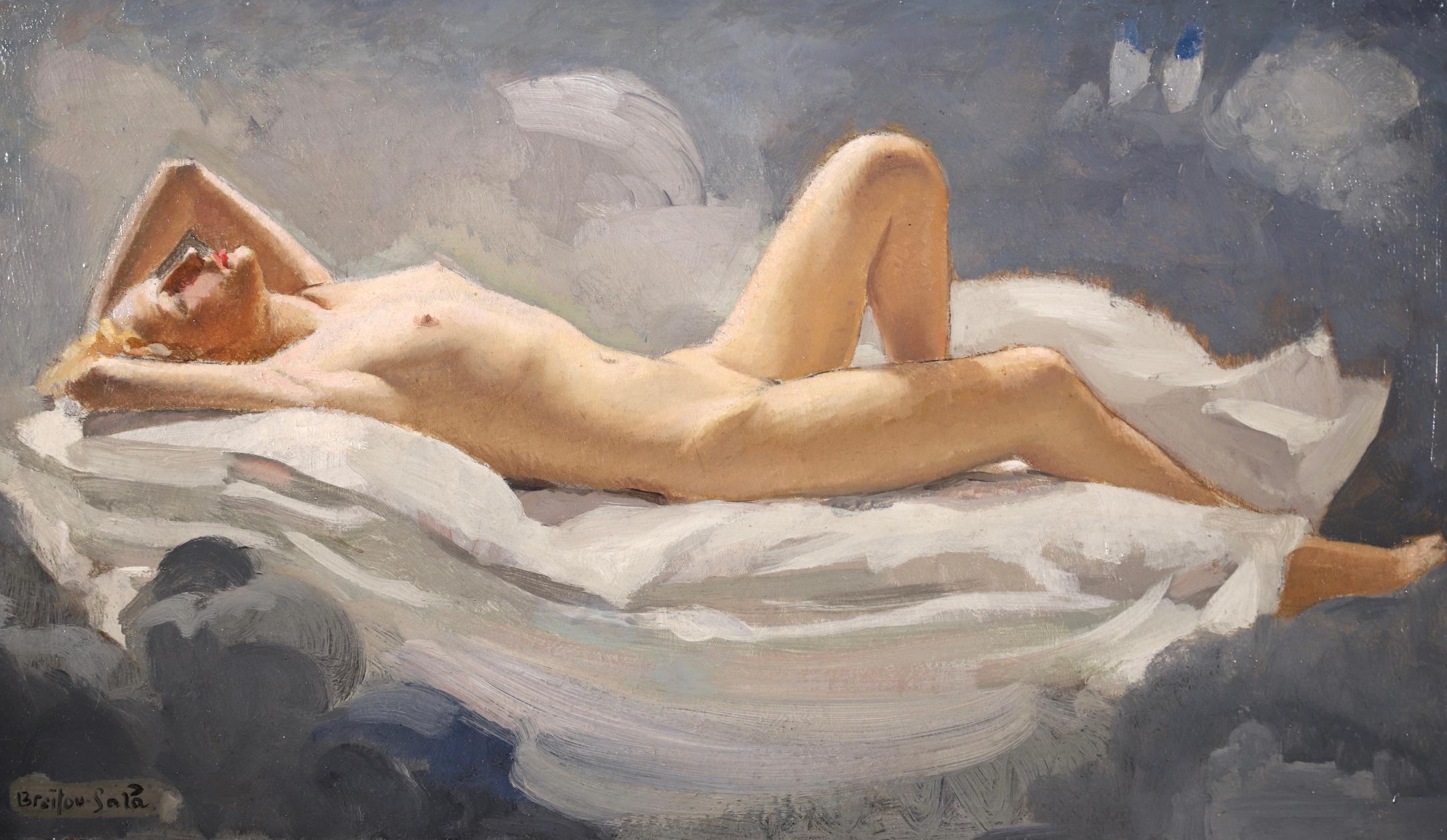 Nude in the Clouds - Post Impressionist Figurative Oil by Albert Braïtou-Sala - Painting by Albert Braïtou-Sala
