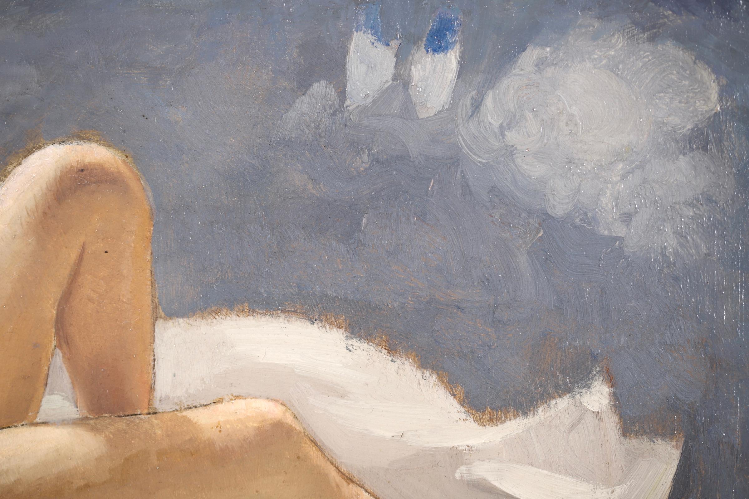 Nude in the Clouds - Post Impressionist Figurative Oil by Albert Braïtou-Sala - Brown Figurative Painting by Albert Braïtou-Sala