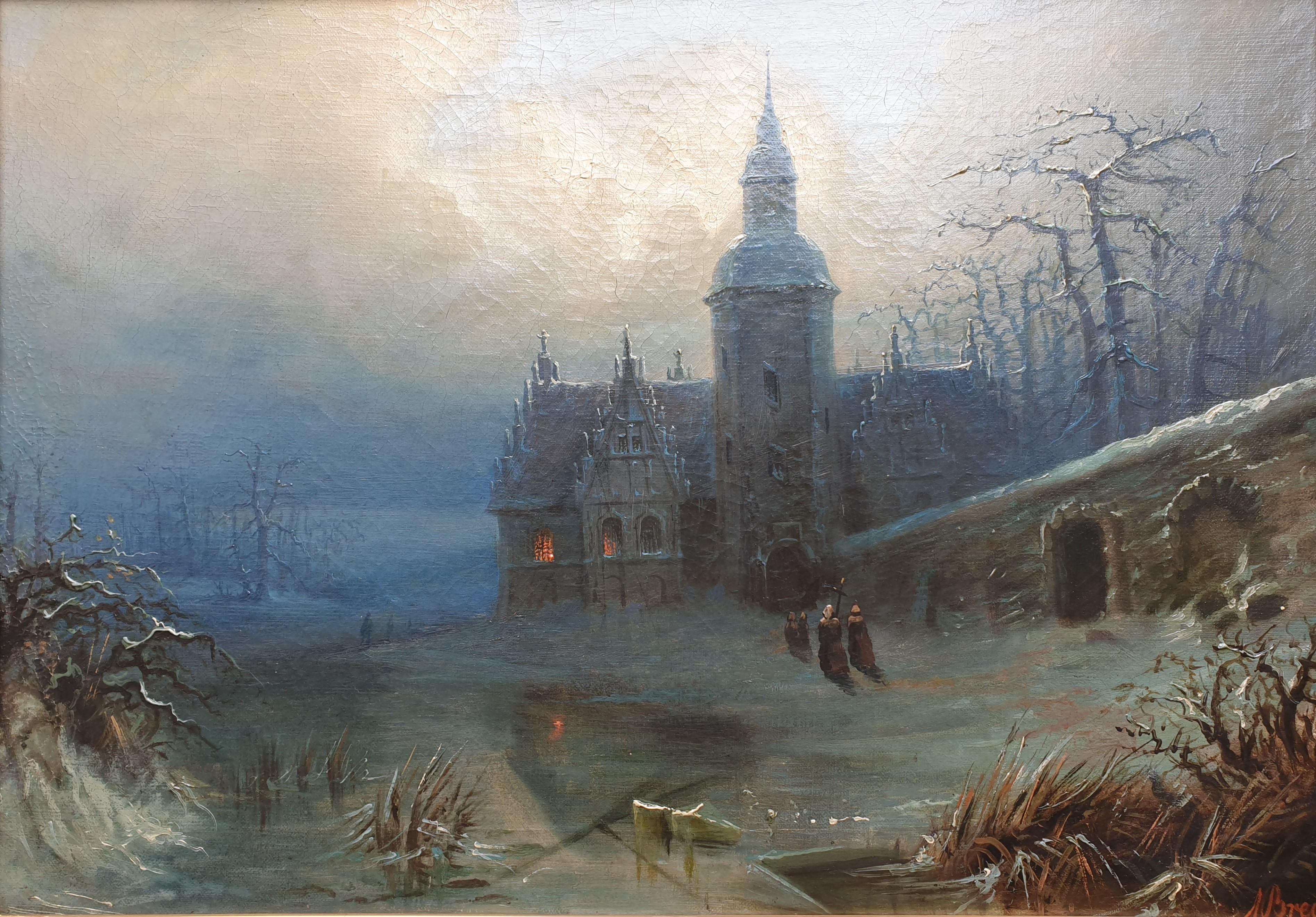 BREDOW Neige paysage clair de lune nuit allemand école russe romantique 19ème  - Painting de Albert Bredow