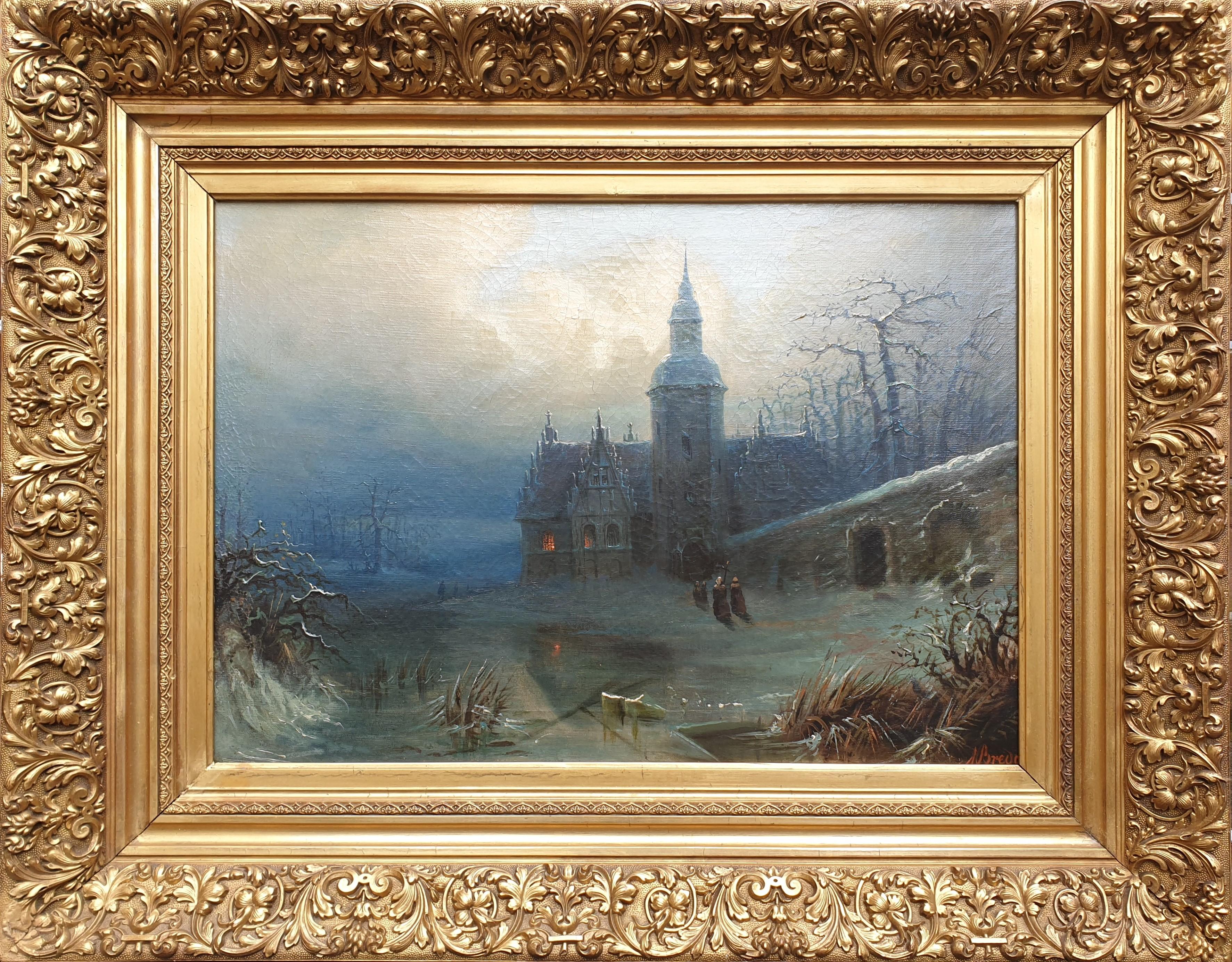 Landscape Painting Albert Bredow - BREDOW Neige paysage clair de lune nuit allemand école russe romantique 19ème 