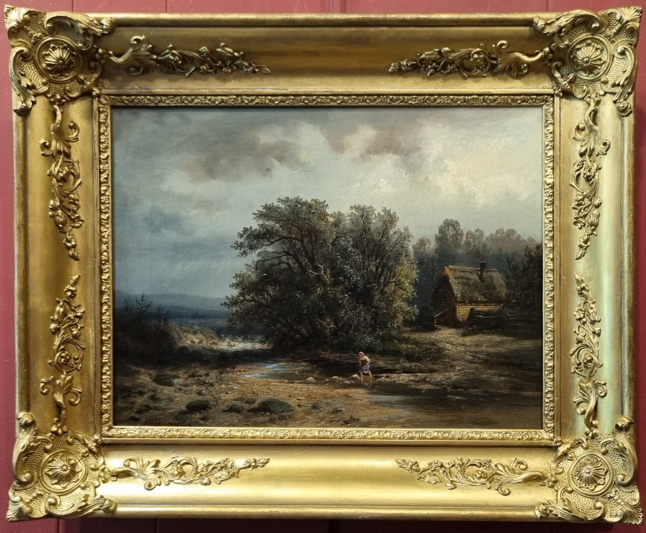 Russian German Romantic Painting BREDOW Fairytale Landscape river 19th - Gray Landscape Painting by Albert Bredow