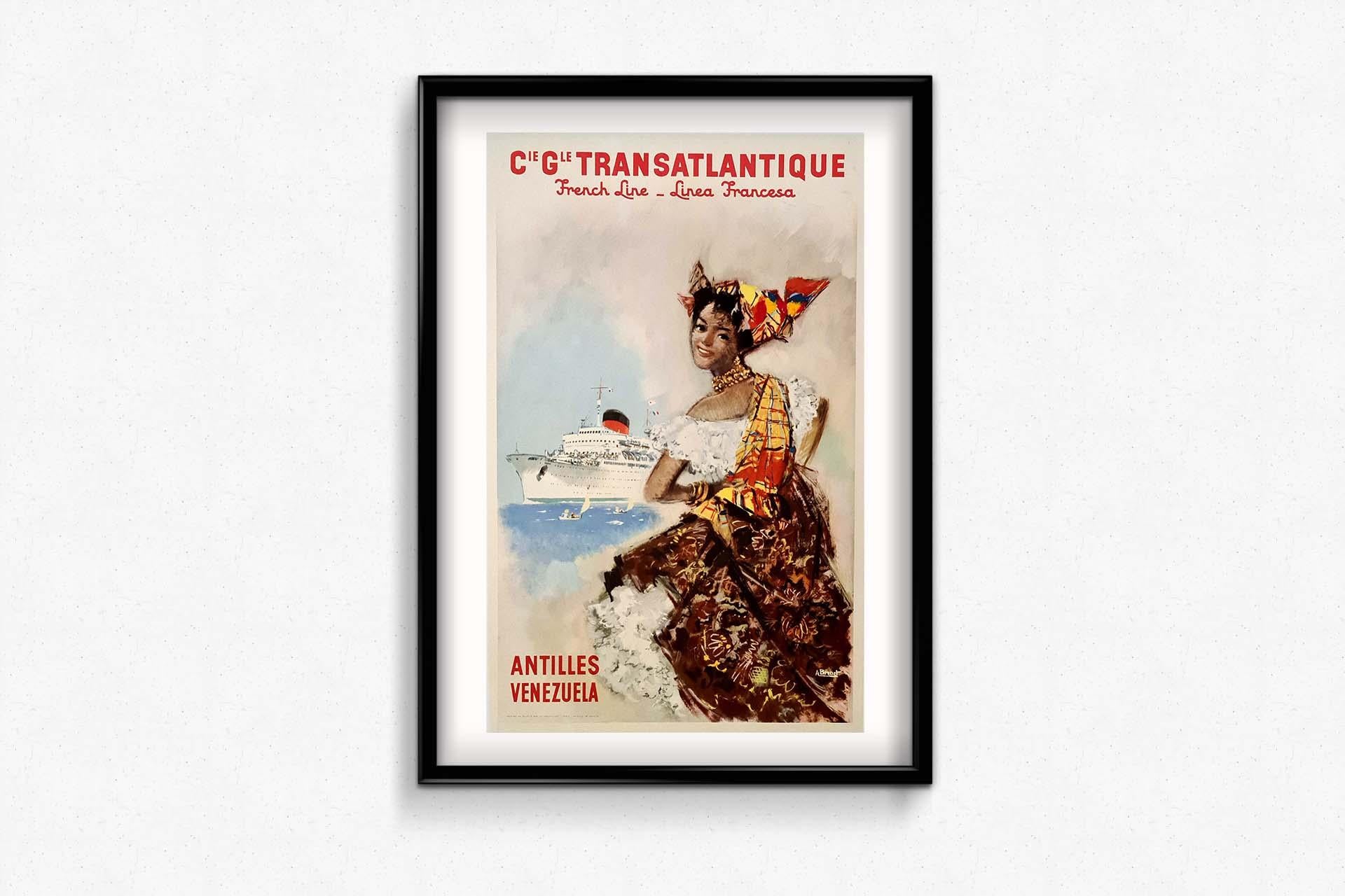 50er Jahre Originalplakat von Albert Brenet Compagnie Générale Transatlantique im Angebot 1