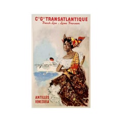 Affiche originale des années 50 par Albert Brenet Compagnie Générale Transatlantique